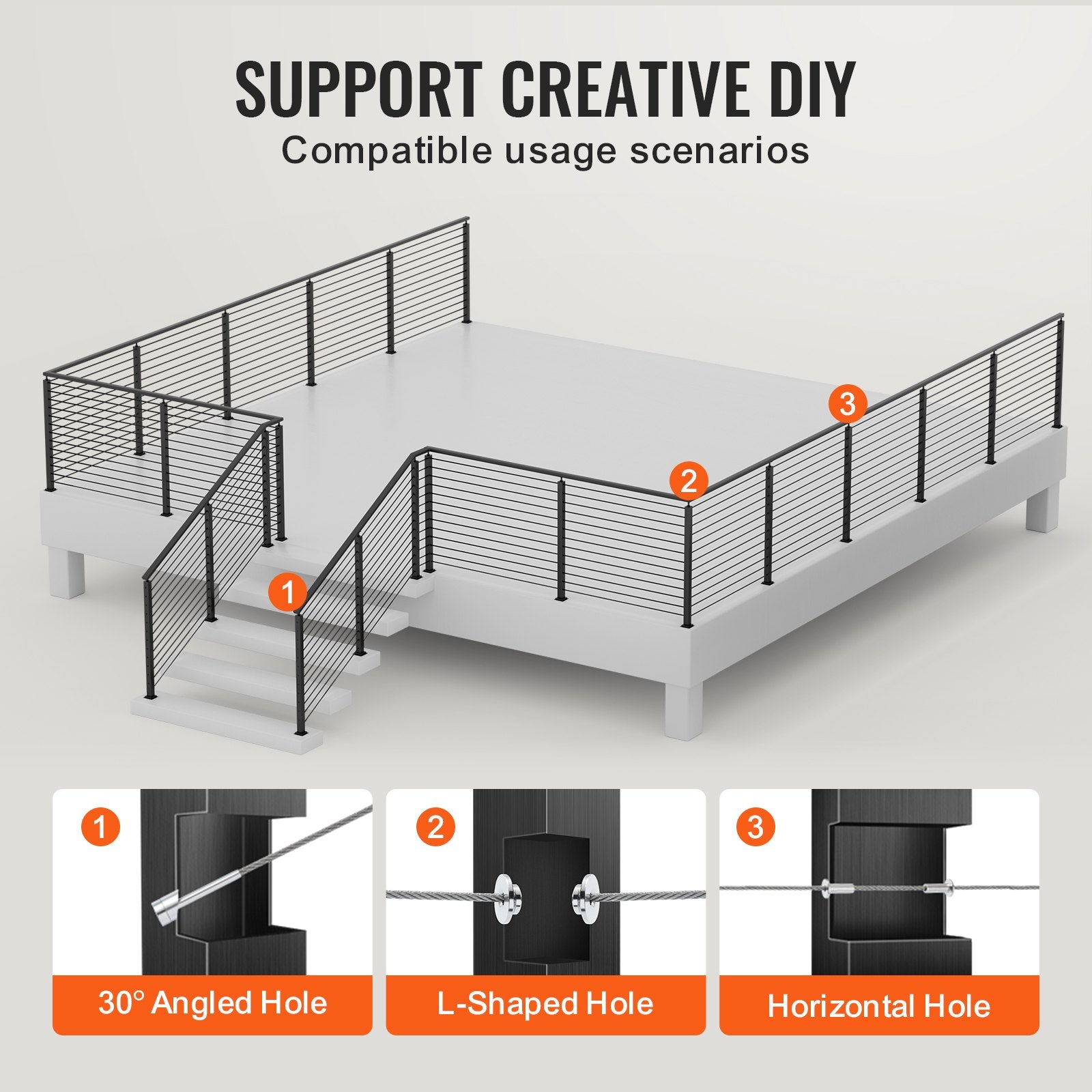 VEVOR Cable Railing Post, 42" x 1" x 2" Steel L-Shaped Hole Corner Railing Post, 12 Pre-Drilled Holes, SUS304 Stainless Steel Cable Rail Post with Horizontal and Curved Bracket, 1-Pack, Black, 106.7*2.5*5 cm