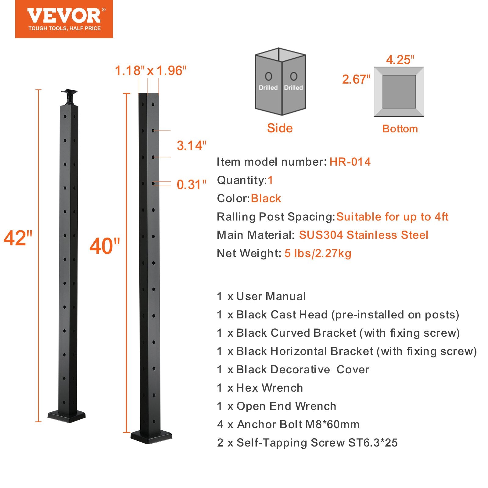 VEVOR Cable Railing Post, 42" x 1" x 2" Steel L-Shaped Hole Corner Railing Post, 12 Pre-Drilled Holes, SUS304 Stainless Steel Cable Rail Post with Horizontal and Curved Bracket, 1-Pack, Black, 106.7*2.5*5 cm