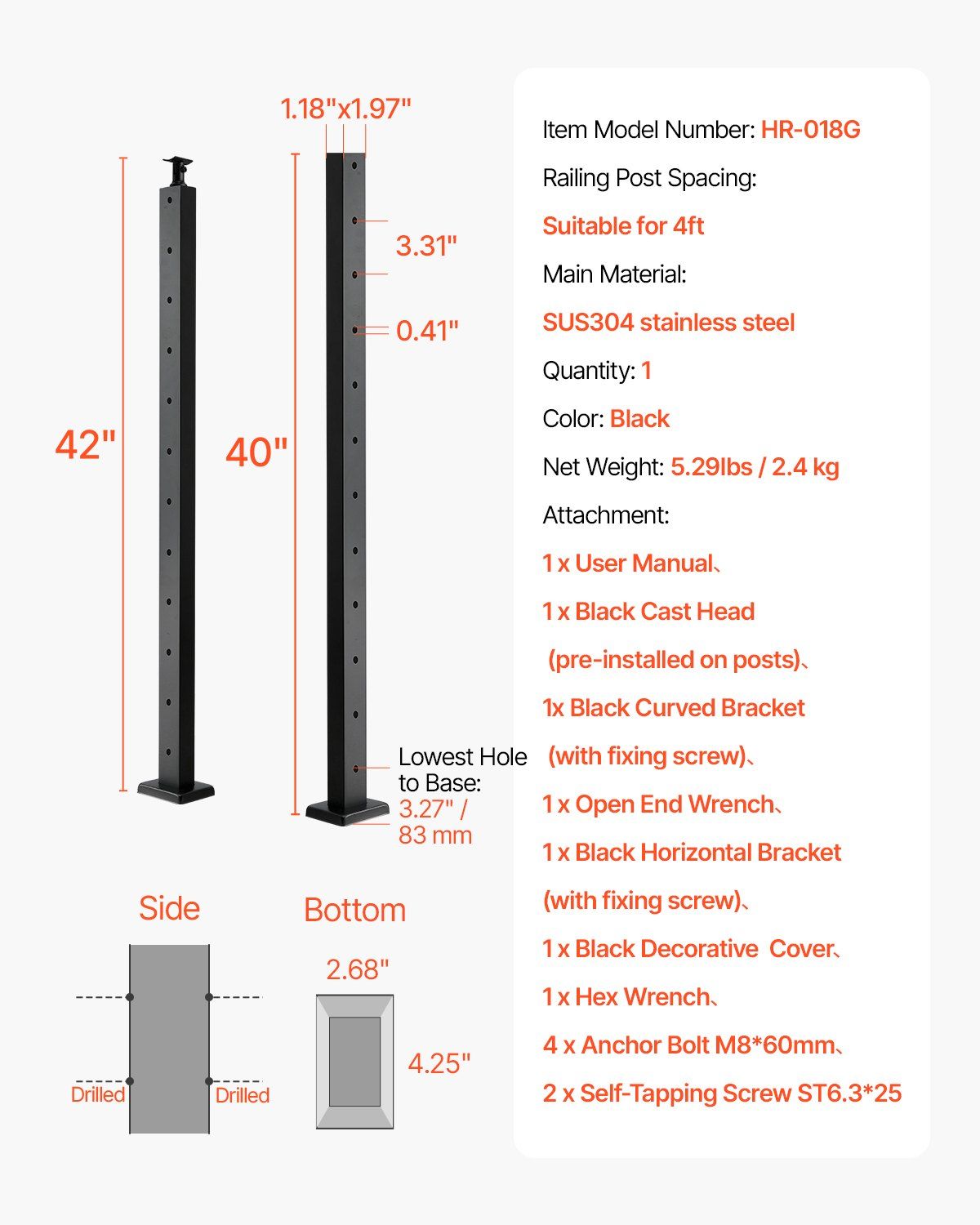 Cable Railing Post, 106.7x2.5x5 cm Level Deck Stair Posts, 1-Pack Stainless Steel Cable Handrail Post, Pre-Drilled Pickets with Mounting Bracket Stair Railing Kit, Black, 1JZLGZXHS1063GGTD001V0