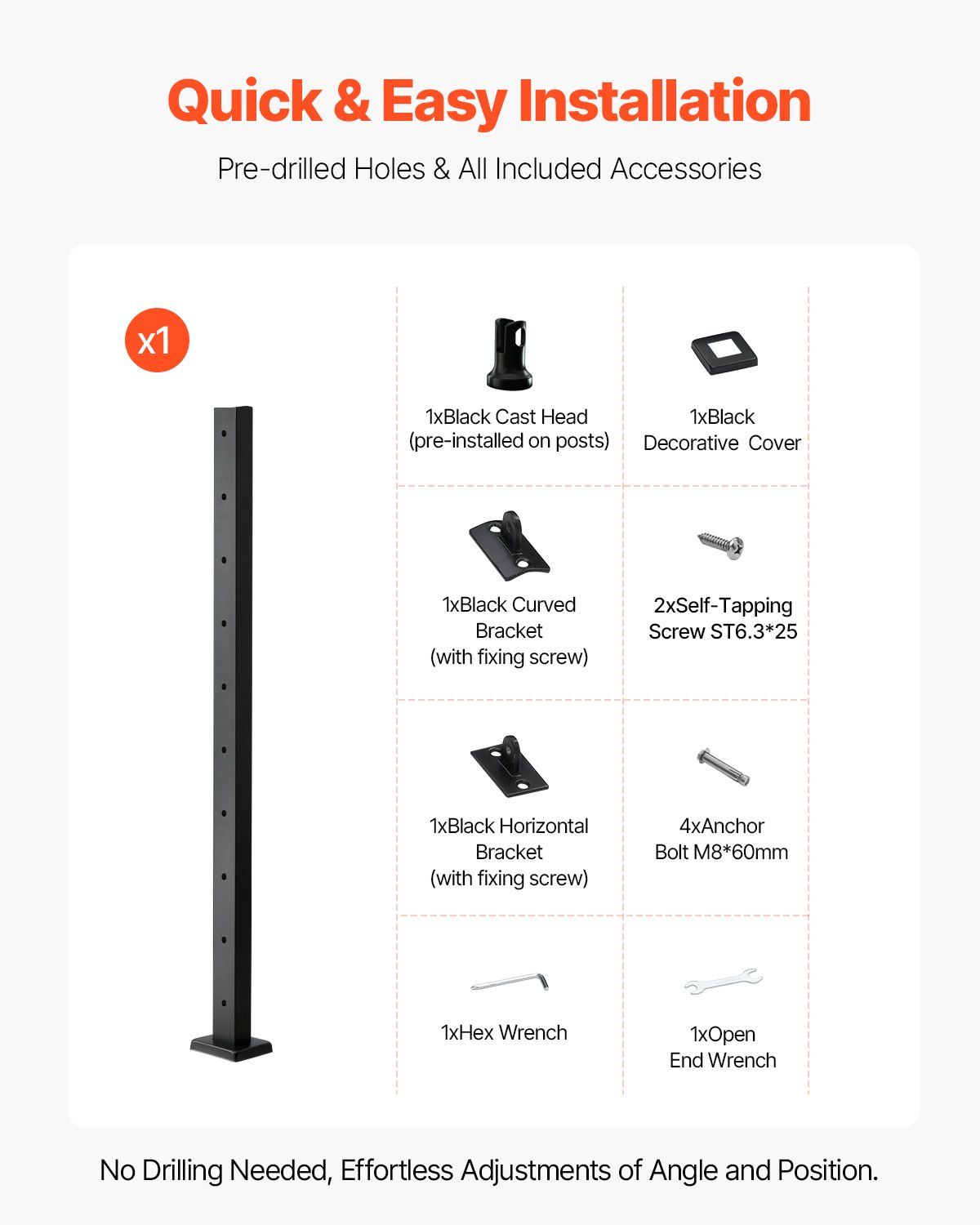 1-Pack Cable Railing Post, 91.4x5x5cm Horizontal-Hole Deck Railing Post with Pre-Drilled Holes, Stainless Steel Cable Rail Post with Horizontal and Curved Bracket, Black, 1JZLGZXHS9148RVYS001V0