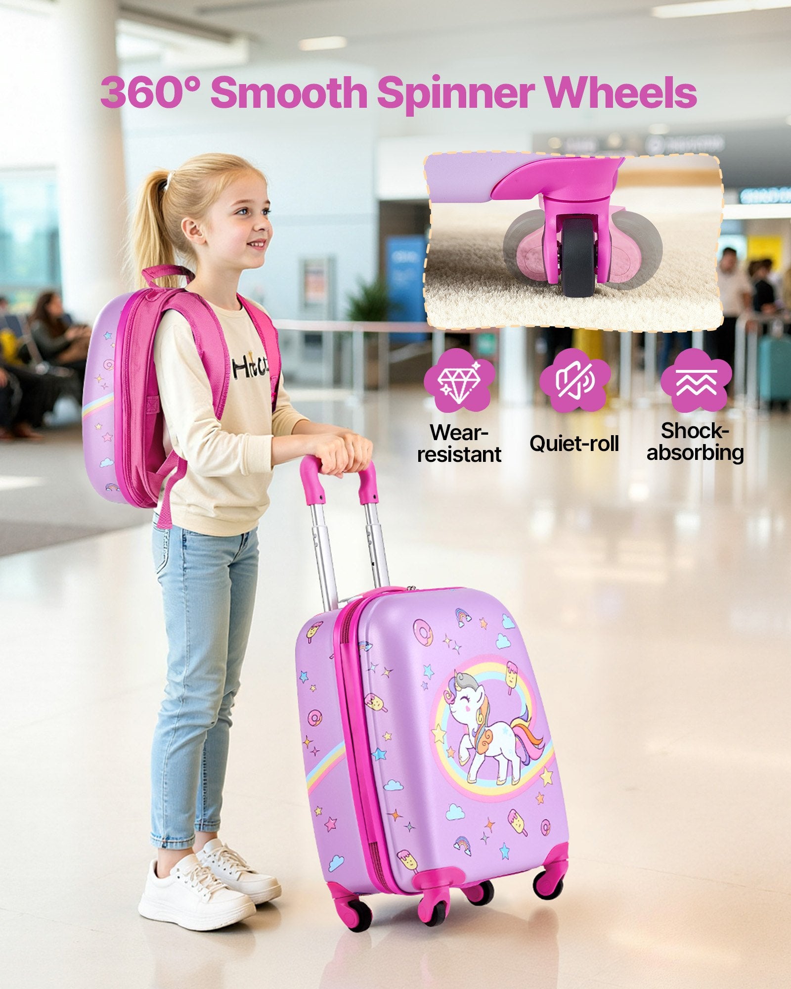 VEVOR Kids Luggage Set, 2 Piece, 45.7 cm Hardside Rolling Wheels Suitcase with Hard-Shell Backpack, Unicorn Kids Carry on Luggage Set, Holiday Birthday Present for Girls & Boys, Airline Approved