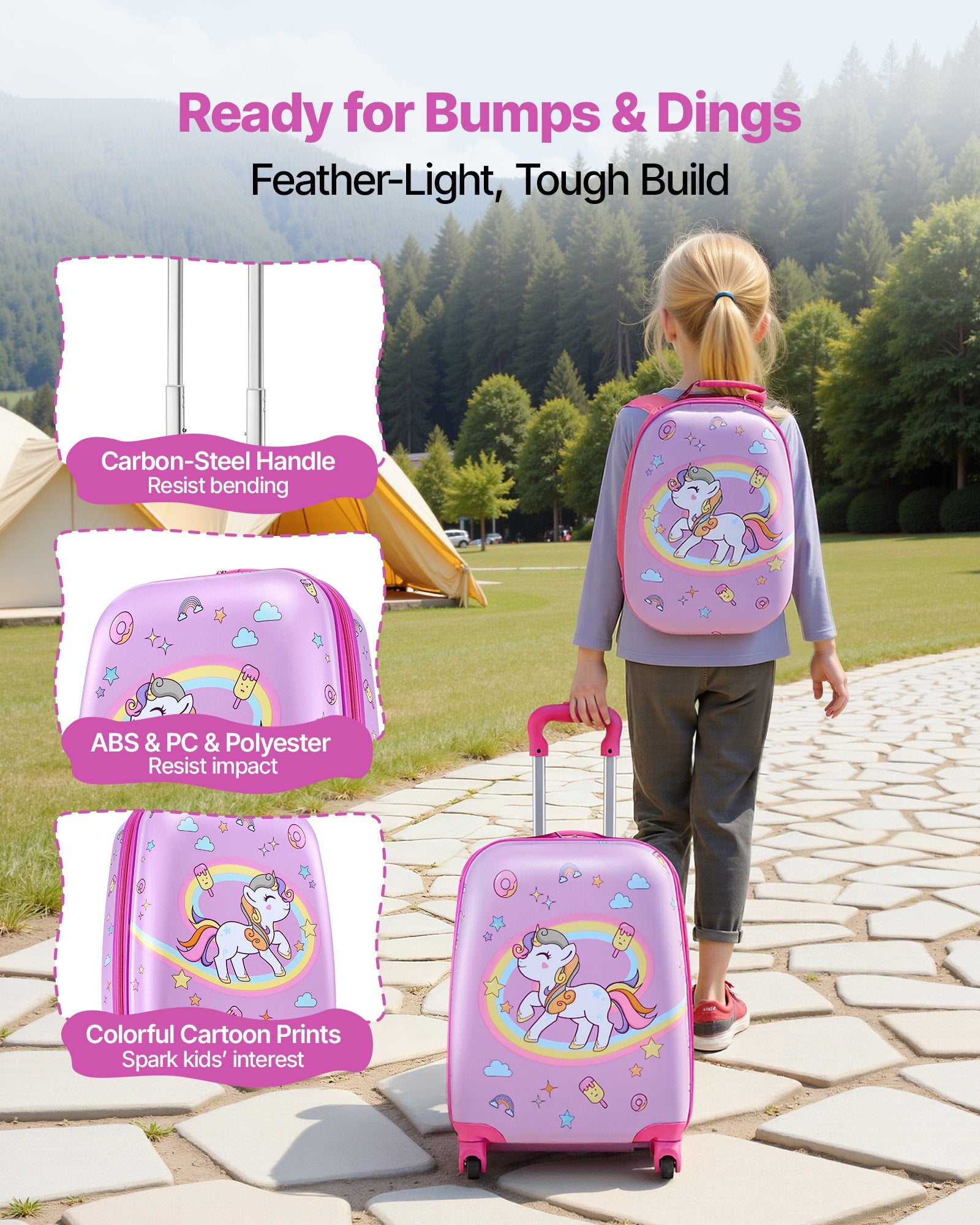 VEVOR Kids Luggage Set, 2 Piece, 45.7 cm Hardside Rolling Wheels Suitcase with Hard-Shell Backpack, Unicorn Kids Carry on Luggage Set, Holiday Birthday Present for Girls & Boys, Airline Approved