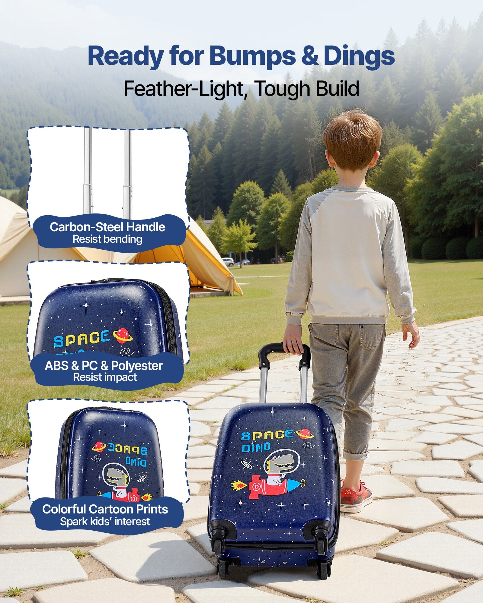 VEVOR Kids Luggage Set, 2 Piece, 45.7 cm Hardside Rolling Wheels Suitcase with Hard-Shell Backpack, Dinosaur Kids Carry on Luggage Set, Holiday Birthday Present for Girls & Boys, Airline Approved