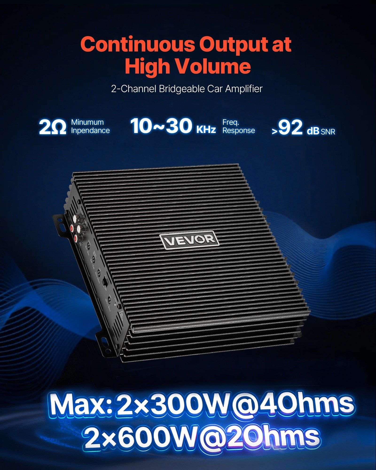 Car Audio Amplifier, 2-Channel Bridgeable Car Amplifier, Full-Range Class AB Stereo Amp, Max. 2 x 300W at 4 Ohms / 2 x 600W at 2 Ohms, High Output, for SUVs, Pickups, and Off-Road Vehicles