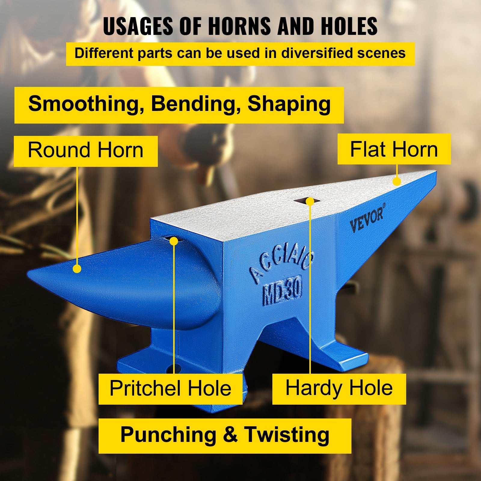 VEVOR Pro Horn Anvil , 30KG/66.1LBS Weight Steel Anvil Blacksmith Blacksmith Anvil, Portable Rugged Cast Iron Anvil Blacksmith Anvil Stable Workbench Blacksmith Forge Anvil Tool