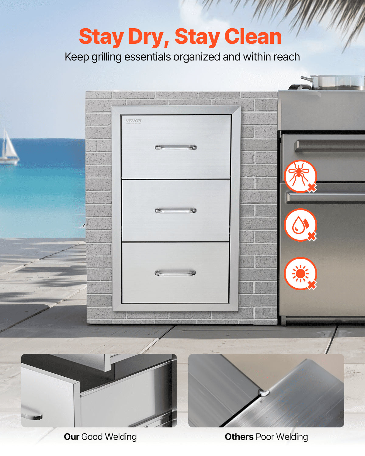 Flush triple access drawer raised style height triple drawer, 76 x 43 cm,stainless steel