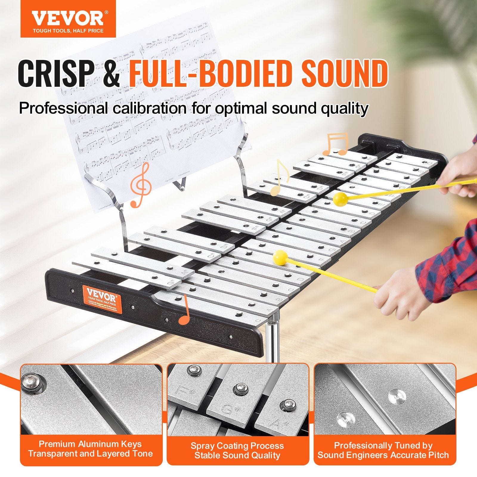 VEVOR 30 Note Glockenspiel Xylophone Bell Kit, Professional Percussion Instrument Set with Mallets, Drum Sticks, Music Stand, 8" Practice Pad, Adjustable Stand and Carrying Bag for Students & Adults