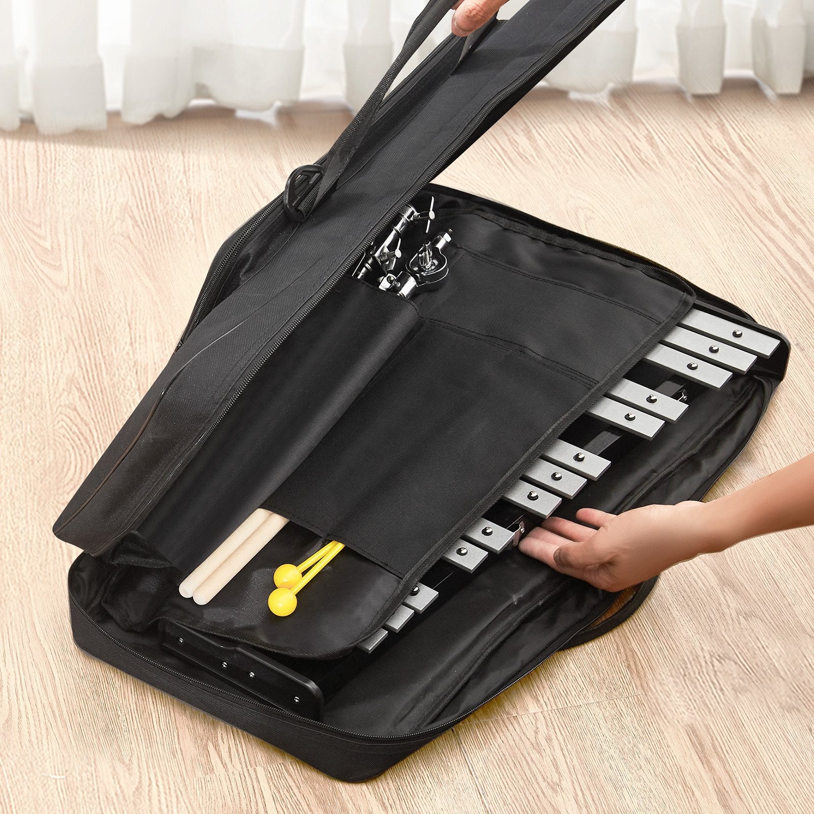 VEVOR 32 Note Glockenspiel Xylophone Bell Kit, Professional Percussion Instrument Set with Mallets, Drum Sticks, Music Stand, 8" Practice Pad, Adjustable Stand and Carrying Bag for Students & Adults