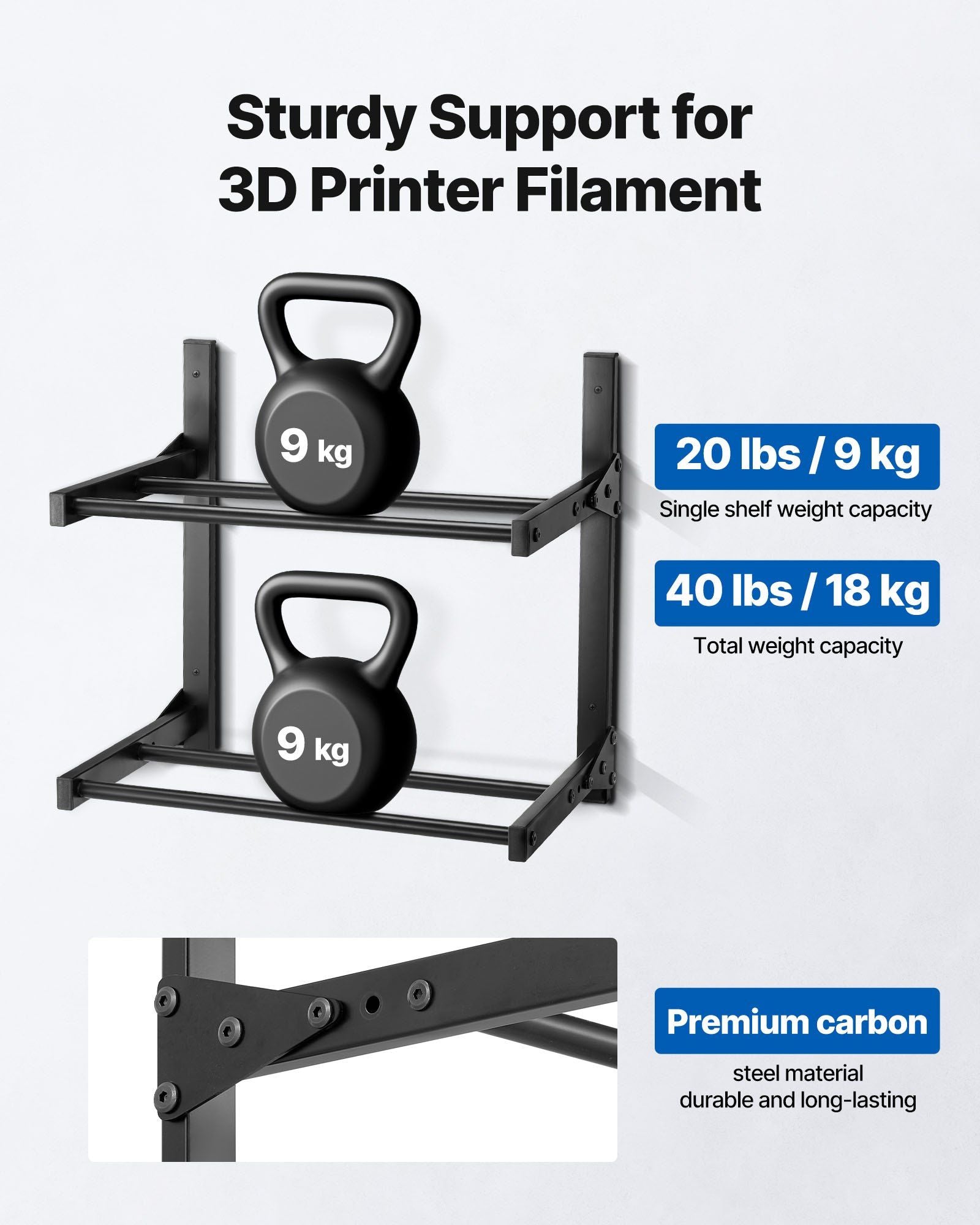 Wall Mount Printer Filament Storage Rack, 2-Tier Wall Bracket Storage Shelf, Rolling Filament Spool Holders Racks with Wheels, Filaments Organzied for 3D Printing Studio, Workshop (Shelf Only)
