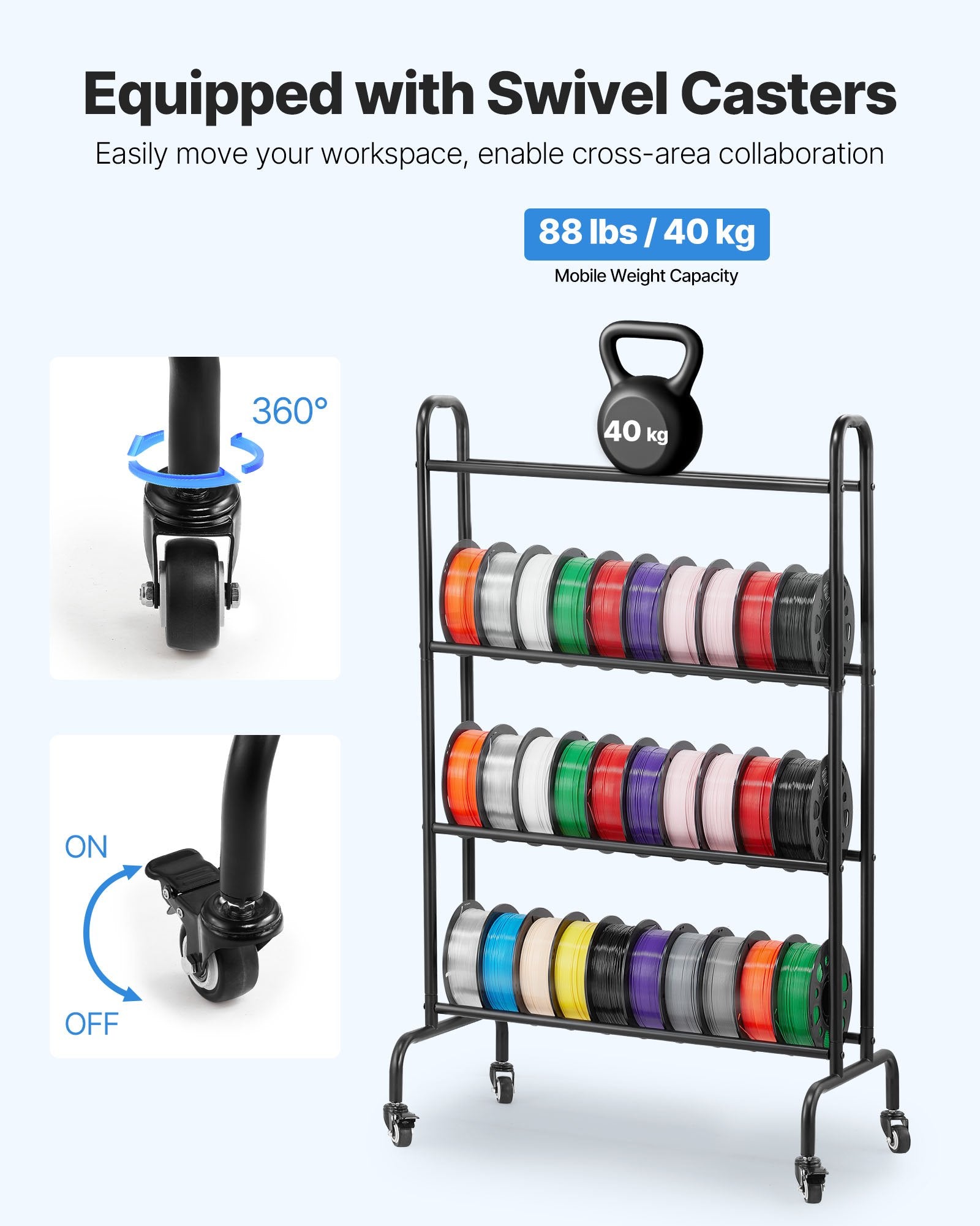 VEVOR 3D Printer Filament Storage Rack, 4 Tier Heavy Duty Storage Shelf, Rolling Filament Spool Holders Racks with Wheels, Filaments Organzied for 3D Printing Station, Office, Workshop (Shelf Only)