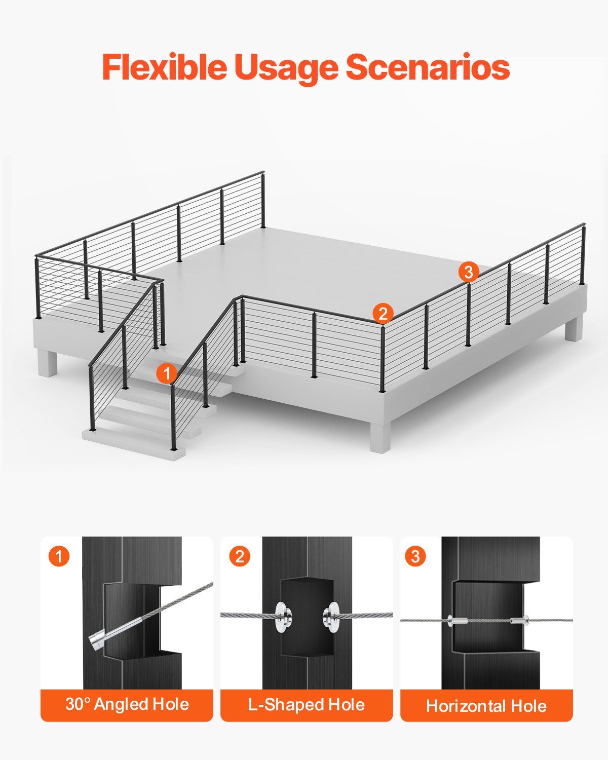 4-Pack Cable Railing Post, 914x25x50 mm Horizontal-Hole Deck Railing Post with Pre-Drilled Holes, Stainless Steel Cable Rail Post with Horizontal & Curved Bracket, Black, 4JZLGZXHS914UUOI6001V0