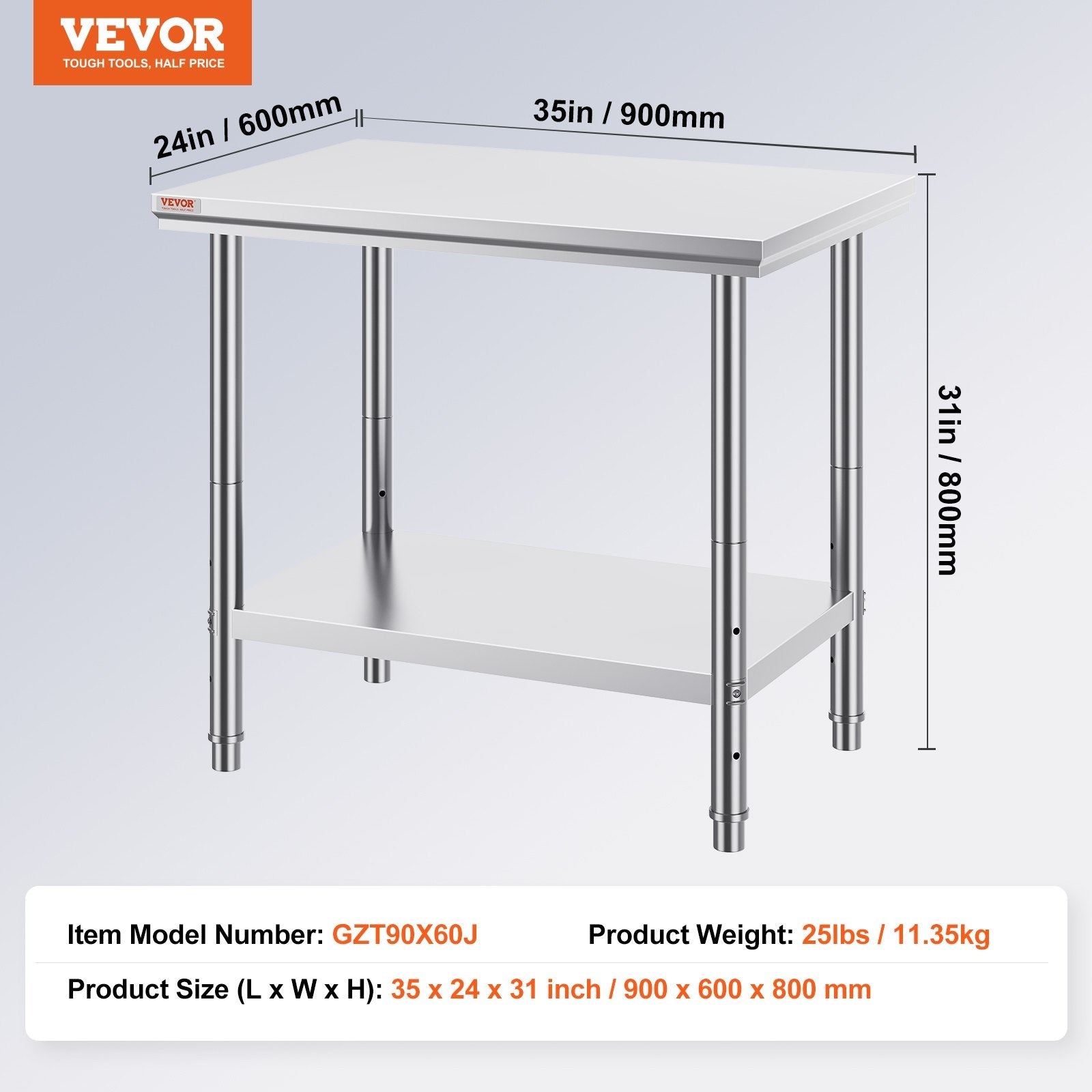 VEVOR 910x610mm Stainless Steel Kitchen Bench Commercial Work Food Prep Table