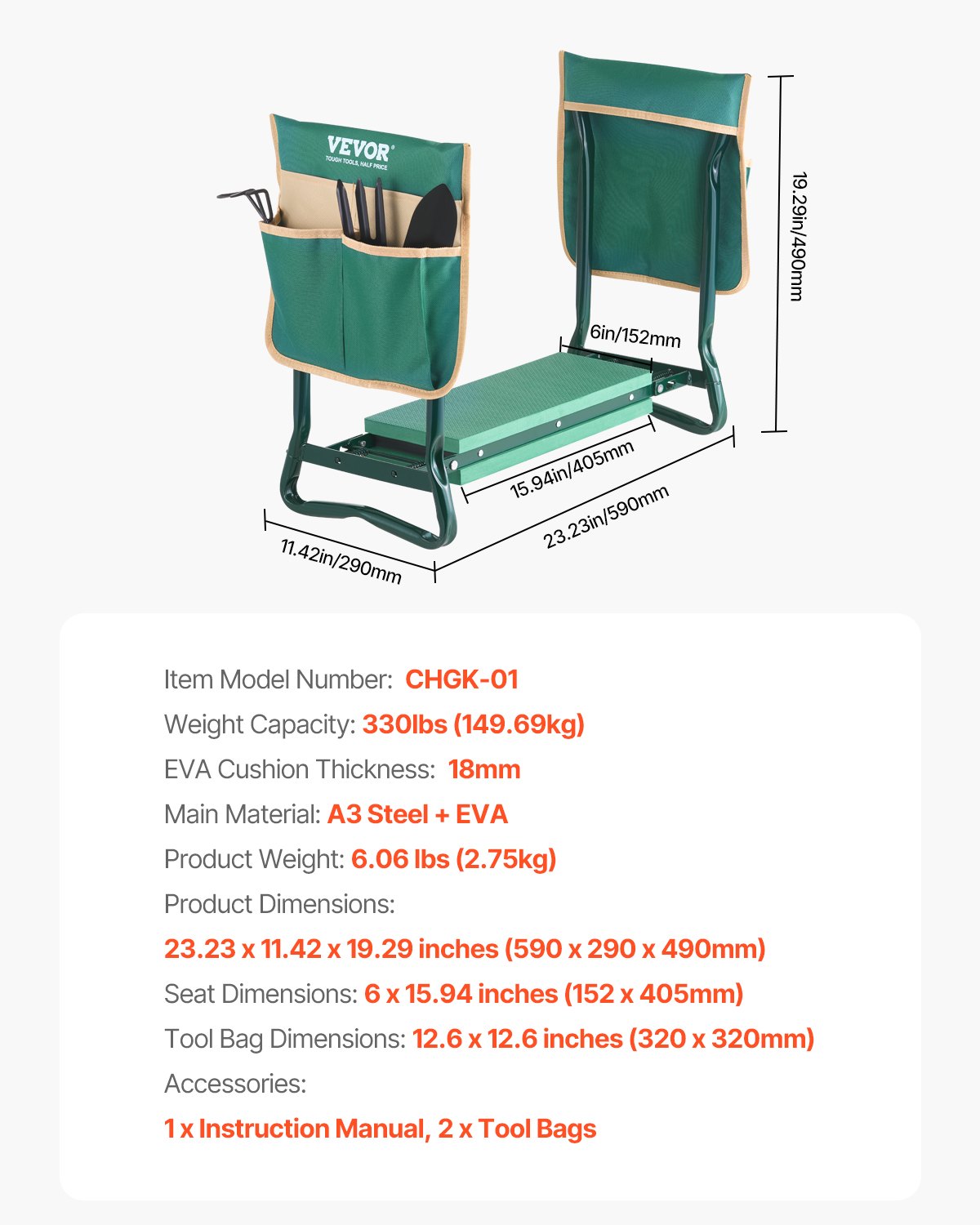 VEVOR Garden Kneeler and Seat, 6 in Wide Kneeling Pad, Heavy Duty Garden Kneeling Stool, Folding Garden Seat with 2 Tool Bags, Relieve Knee & Back Pain, Portable Garden Bench for Women Grandparents