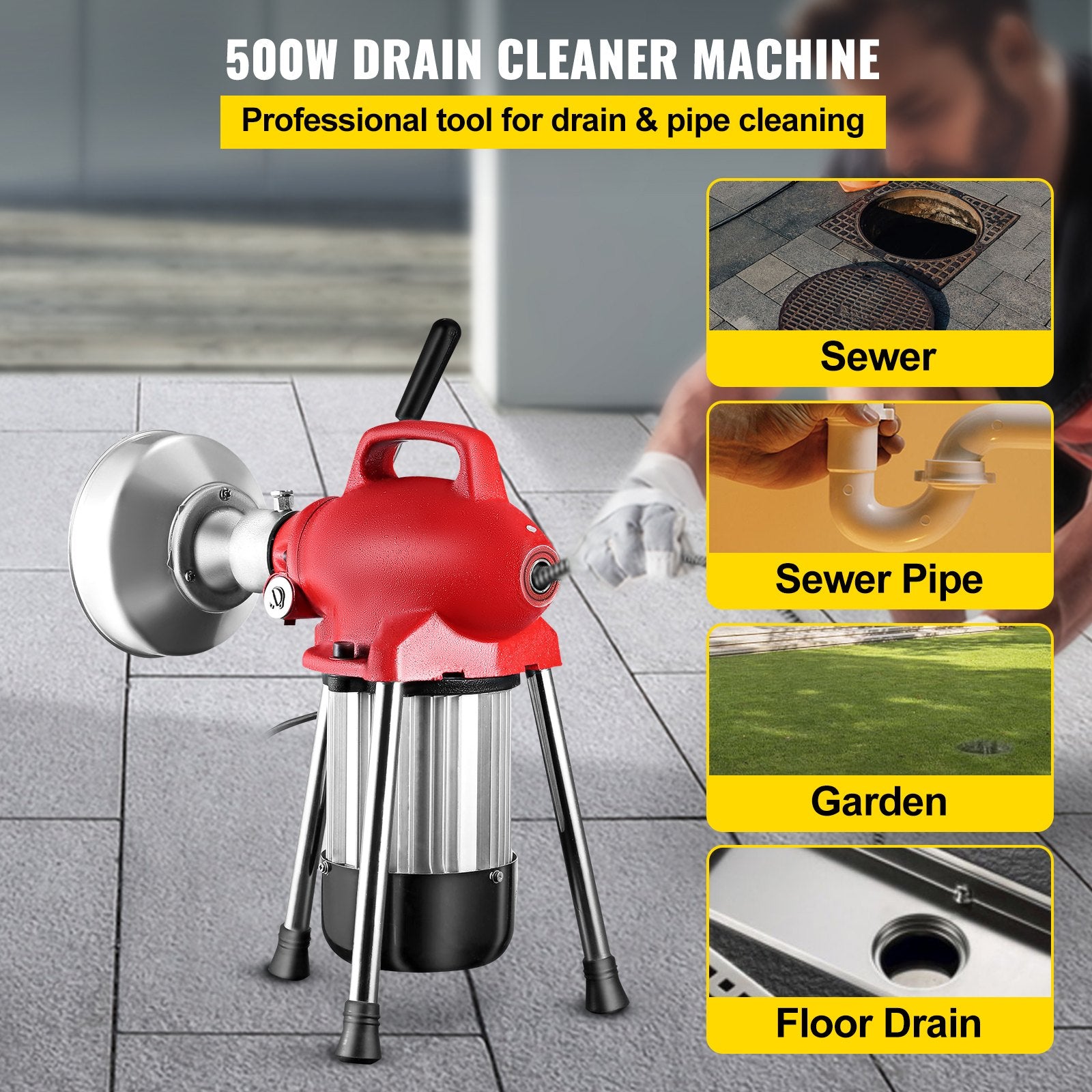 VEVOR 0.75-4 Inch Sectional Pipe Drain Cleaning Machine 400PRM Snake Cleaner Pipe Drain Cleaning Machine with 66 Ft x 0.67 Inch Galvanize Cable Heavy Duty