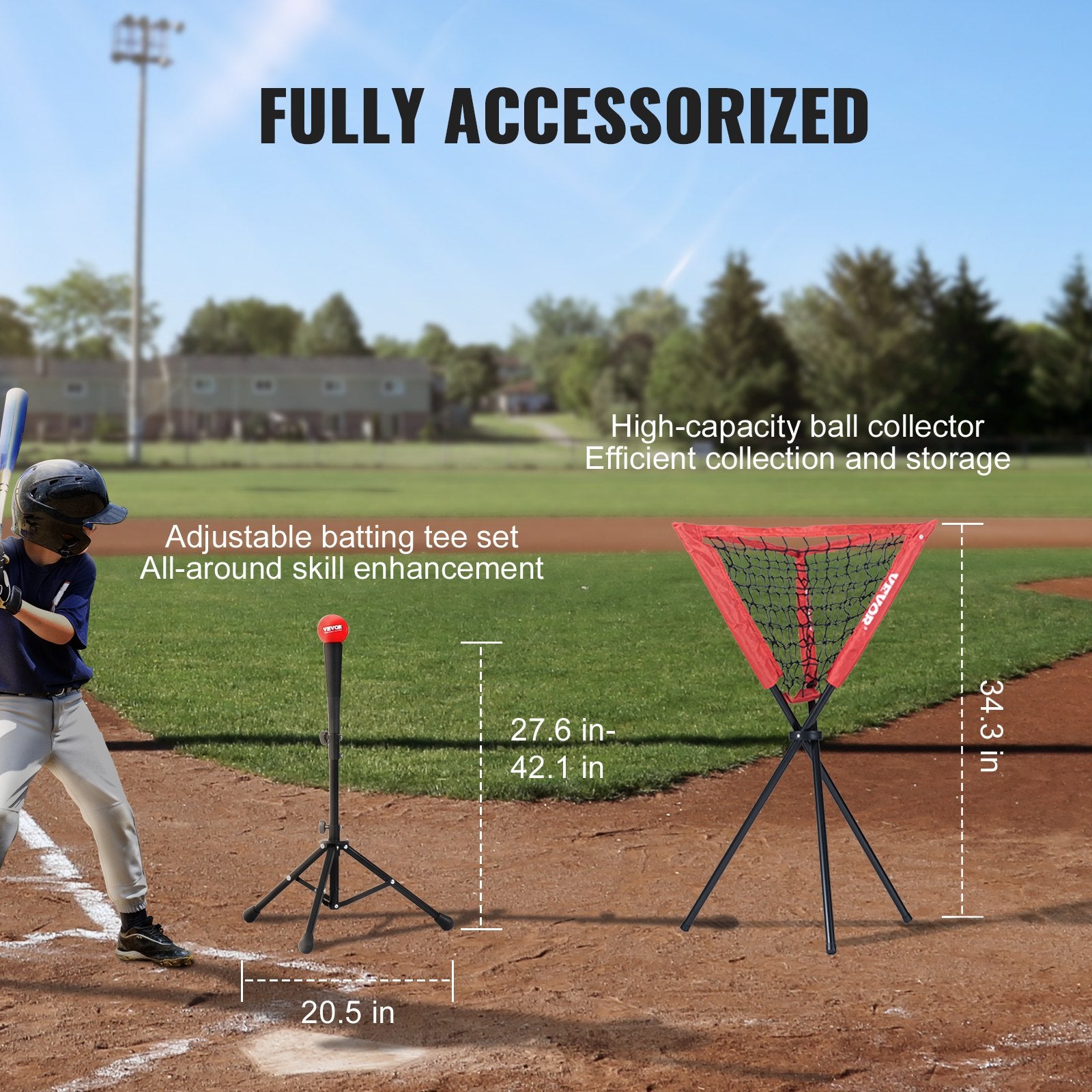 VEVOR 7x7 Baseball Softball Practice Net, Portable Baseball Training Net for Hitting Catching Pitching, Backstop Baseball Equipment with Bow Frame, Carry Bag, Strike Zone, Ball, Tee, Ball Collector