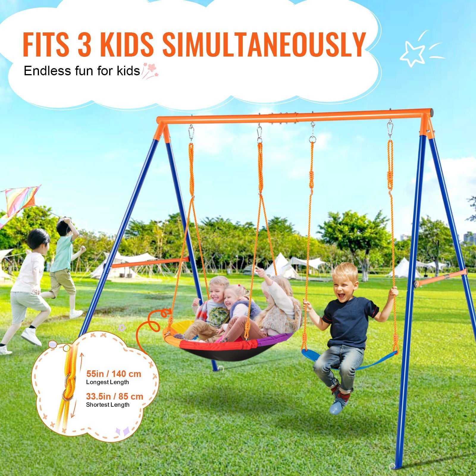 Swing Sets for Backyard, 440lbs Load Capacity Swing Set, with 1 Saucer Swing Seat, 1 Belt Swing Seat, Heavy Duty A-Frame Metal Swing Stand and Adjustable Rope, Swingset Outdoor for Kids