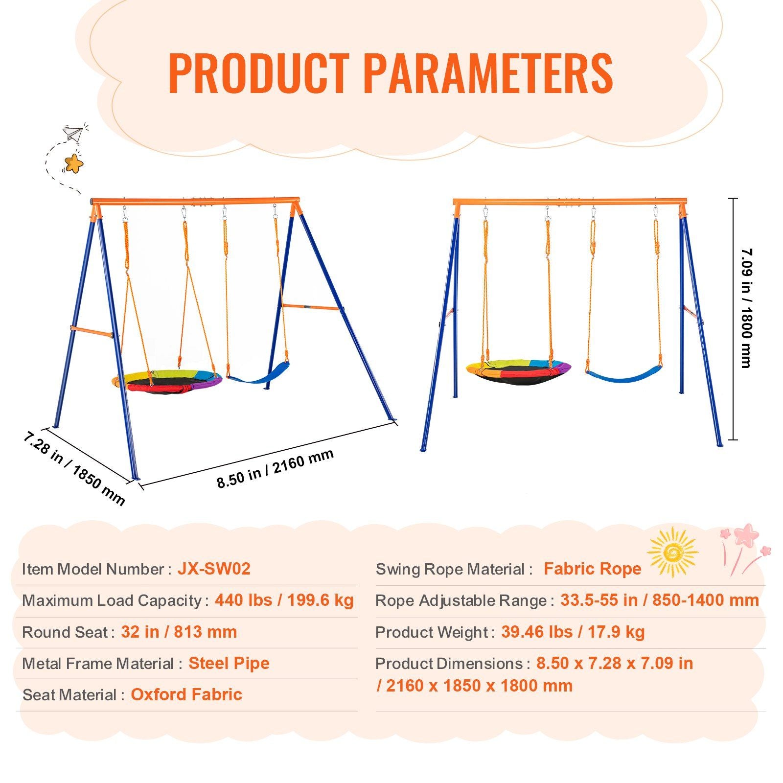Swing Sets for Backyard, 440lbs Load Capacity Swing Set, with 1 Saucer Swing Seat, 1 Belt Swing Seat, Heavy Duty A-Frame Metal Swing Stand and Adjustable Rope, Swingset Outdoor for Kids