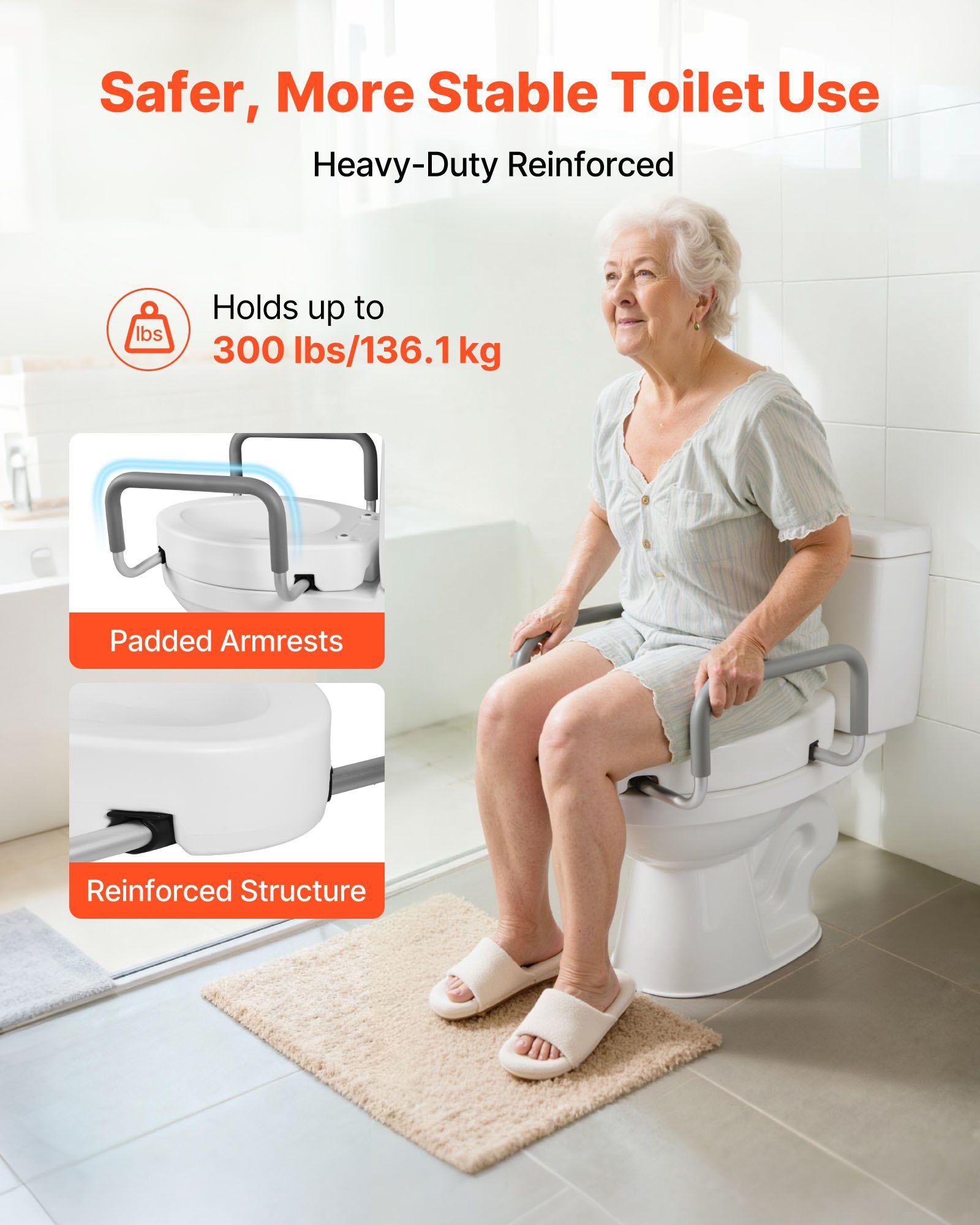 Raised Toilet Seat with Arms, 136.1 kg Load Capacity, 88.9 mm Lift Height, Widened Commode Elevated Toilet Seat Riser with Padded Handles for Seniors, Elderly, Handicap, Disabled, and Adults