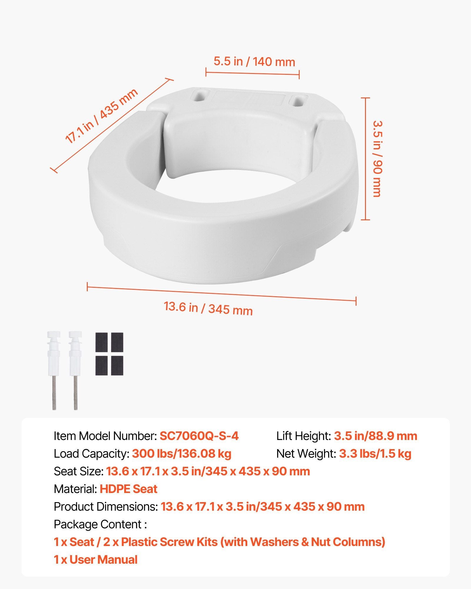 Raised Toilet Seat, 136.1 kg Load Capacity, 88.9 mm Lift Height, Commode Elevated Toilet Seat Riser with Enlarged Opening for Seniors, Elderly, Handicap, Disabled, and Adults, Fits Round Bowl
