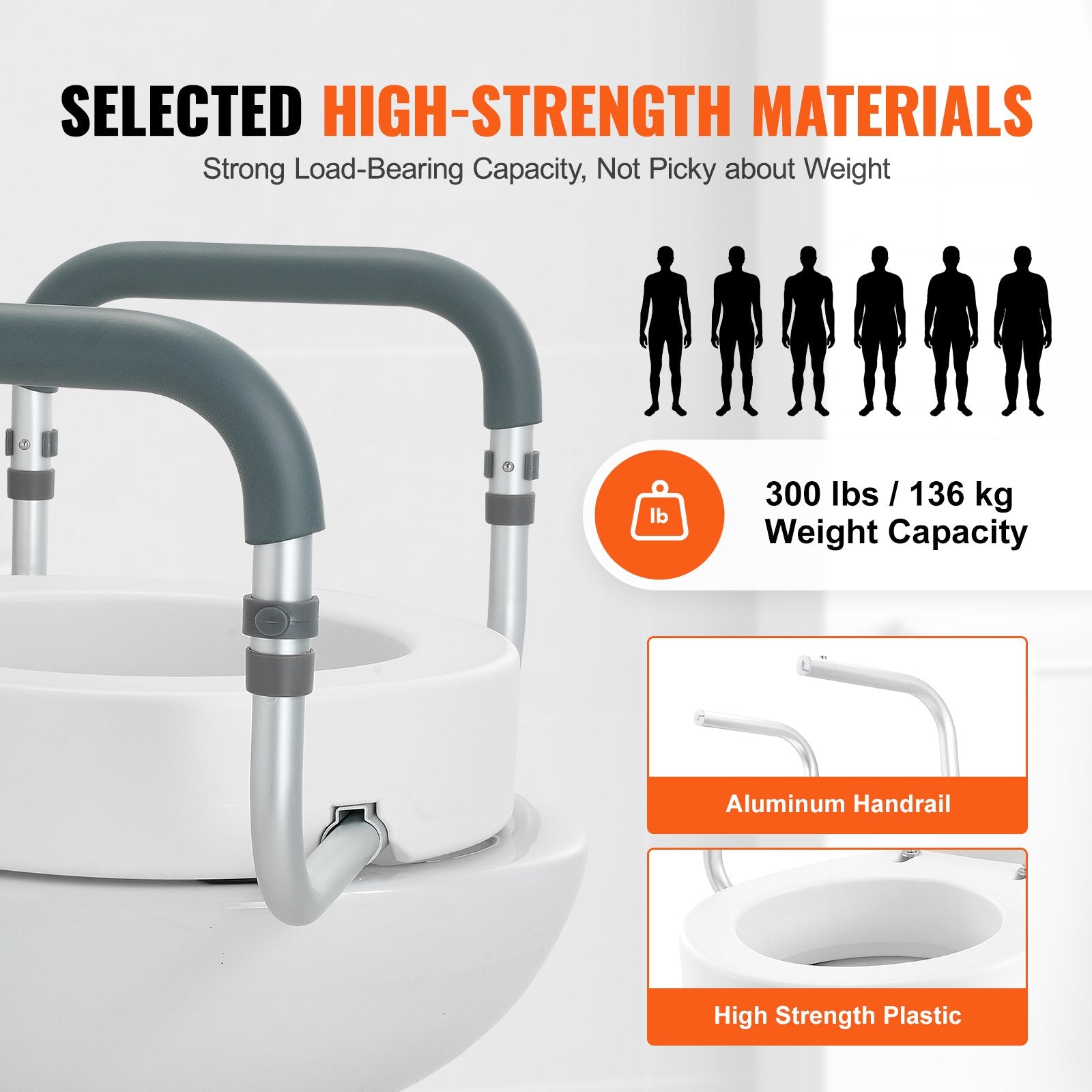 VEVOR Raised Toilet Seat,88.9 mm Height Raised, 136 kg Weight Capacity, for Standard Round Toilet, Aluminum Handrail, with EVA Armrest Padding, for Elderly, Handicap, Patient, Pregnant, Medical