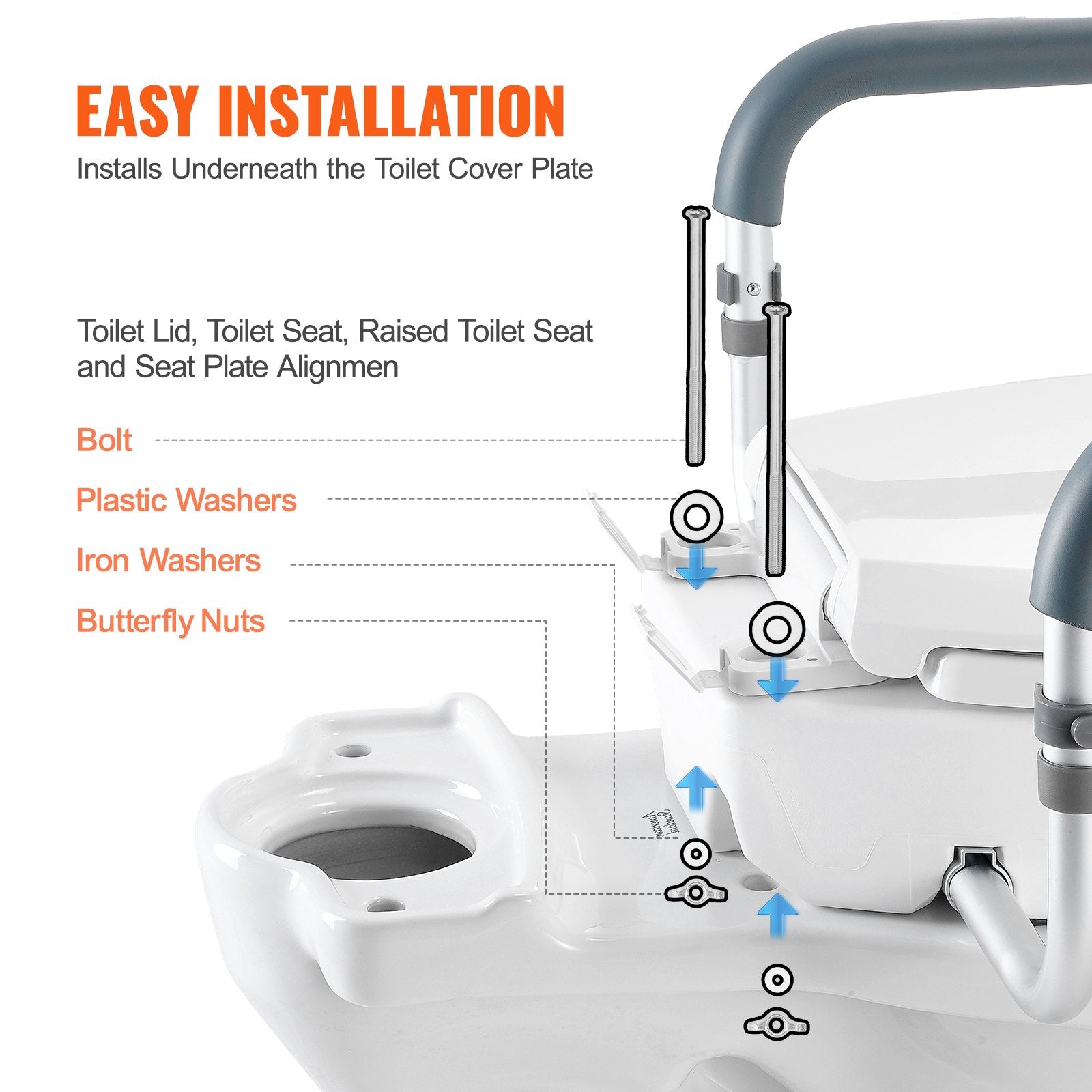 VEVOR Raised Toilet Seat,88.9 mm Height Raised, 136 kg Weight Capacity, for Standard Round Toilet, Aluminum Handrail, with EVA Armrest Padding, for Elderly, Handicap, Patient, Pregnant, Medical