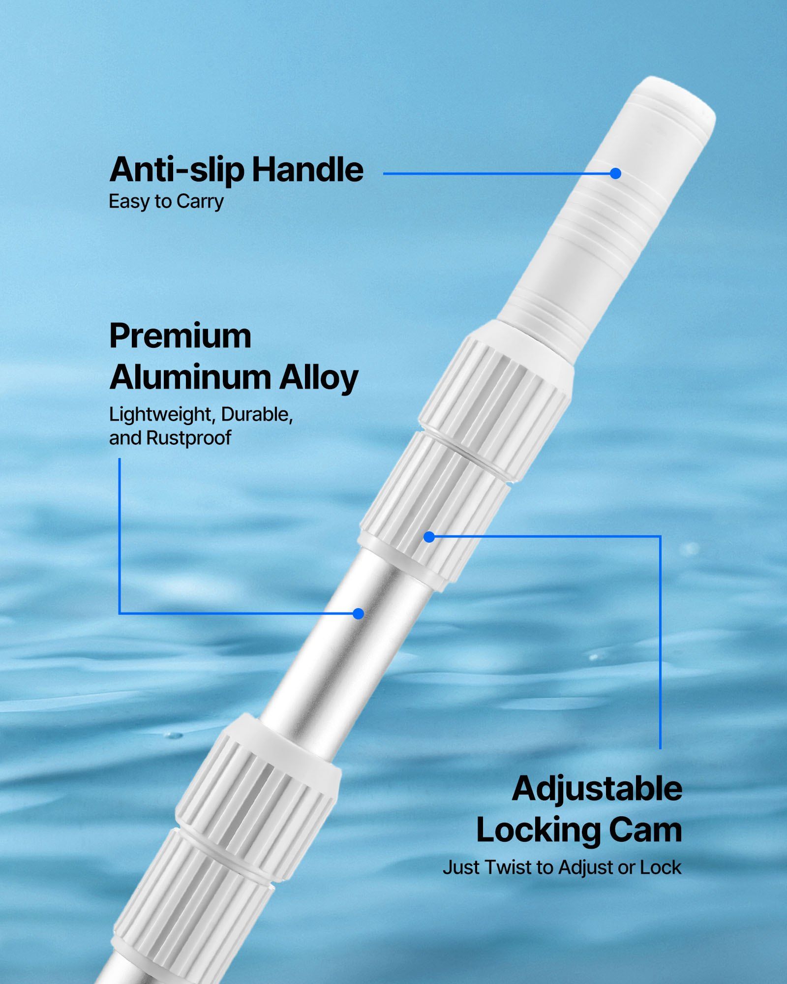 Pool Pole, 1 to 3.66 m Telescoping Swimming Pool Cleaning Poles, Professional Adjustable Telescopic Pole with Extension Pole, Heavy Duty Cleaner Stick for Skimmer Net, Rake, Brush, Vacuum Head
