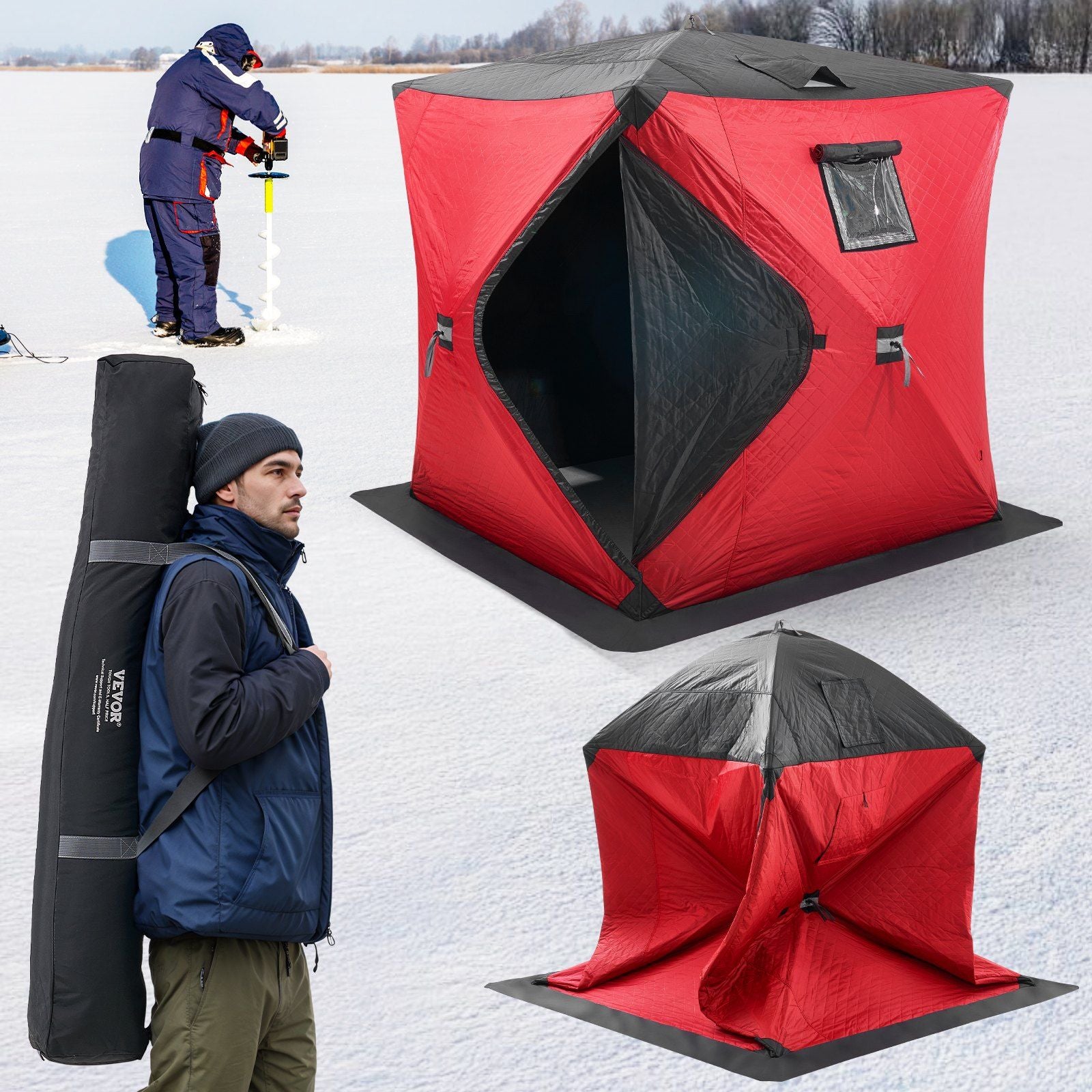 Portable Ice Shelter, 3-4 Person Insulated Pop-Up Ice Fishing Tent, 35 Square Feet Fishable Area, Thermal Ice Shanty for Winter Fishing, Ice Cube with Anchors, Ropes, Carrying Bag, 71"x71", Red
