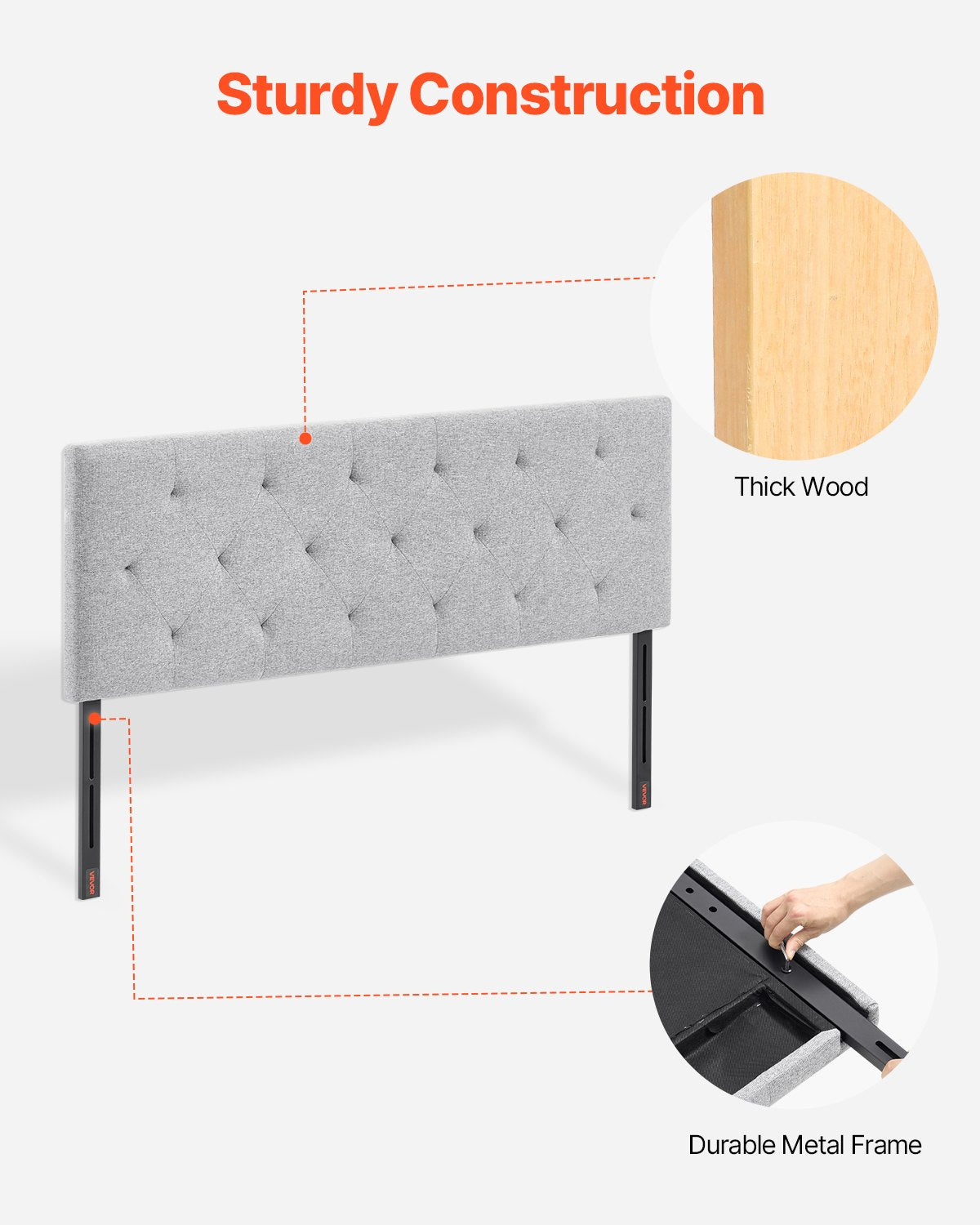 VEVOR Headboard, Full Size Headboard with Adjustable Height, Comfortable Diamond Tufted for Full Size Bed, W 56.3 x H(35.6-47.4)inches, Ideal for Bedroom, Hotel, Homestay, Dormitory, Light Grey