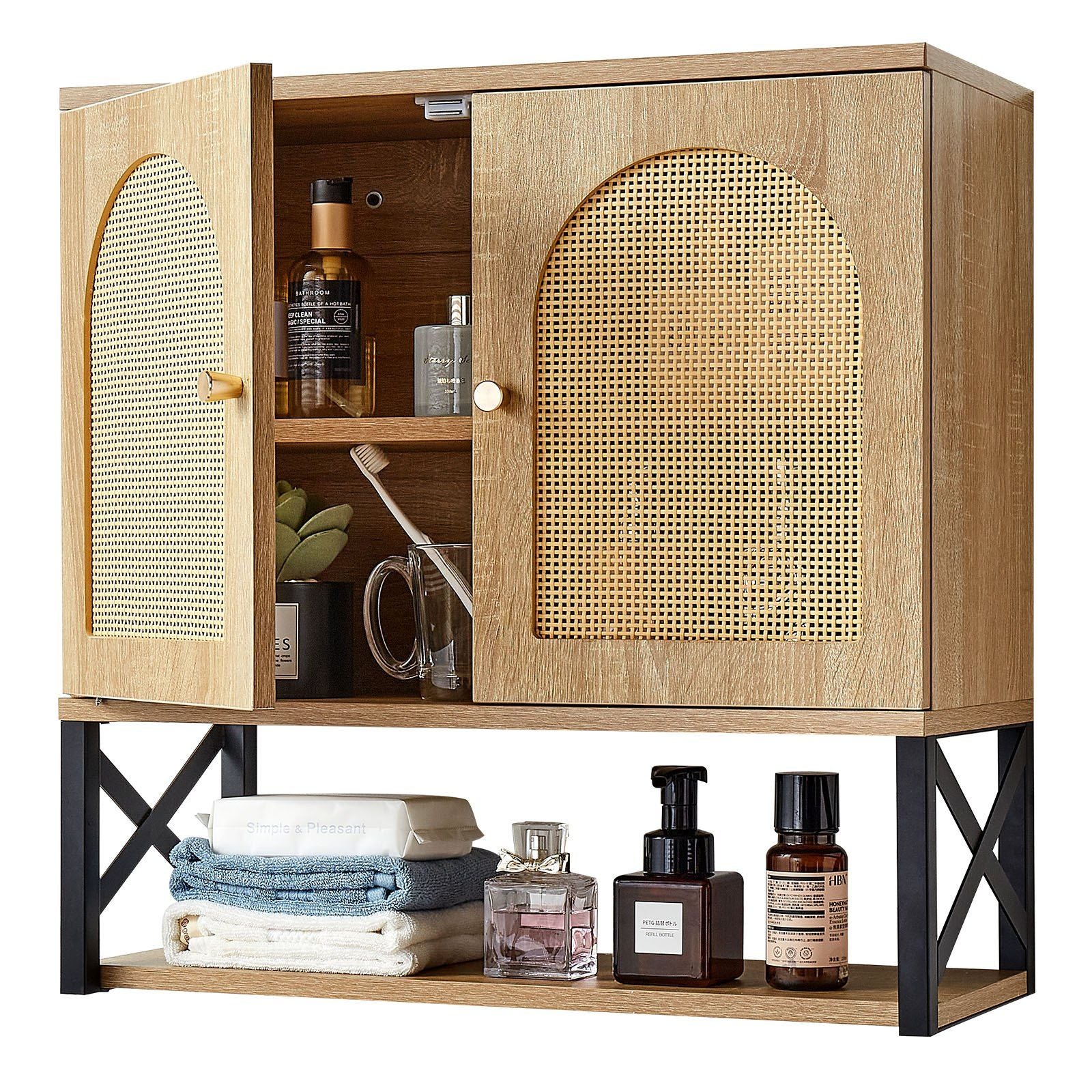 Bathroom Wall Cabinet, with 2 Doors and Adjustable Shelf, Over the Toilet Storage Medicine Cabinet Wall Mounted, Hanging Organizer with Shelves & Open Partition for Laundry Room Kitchen Restroom