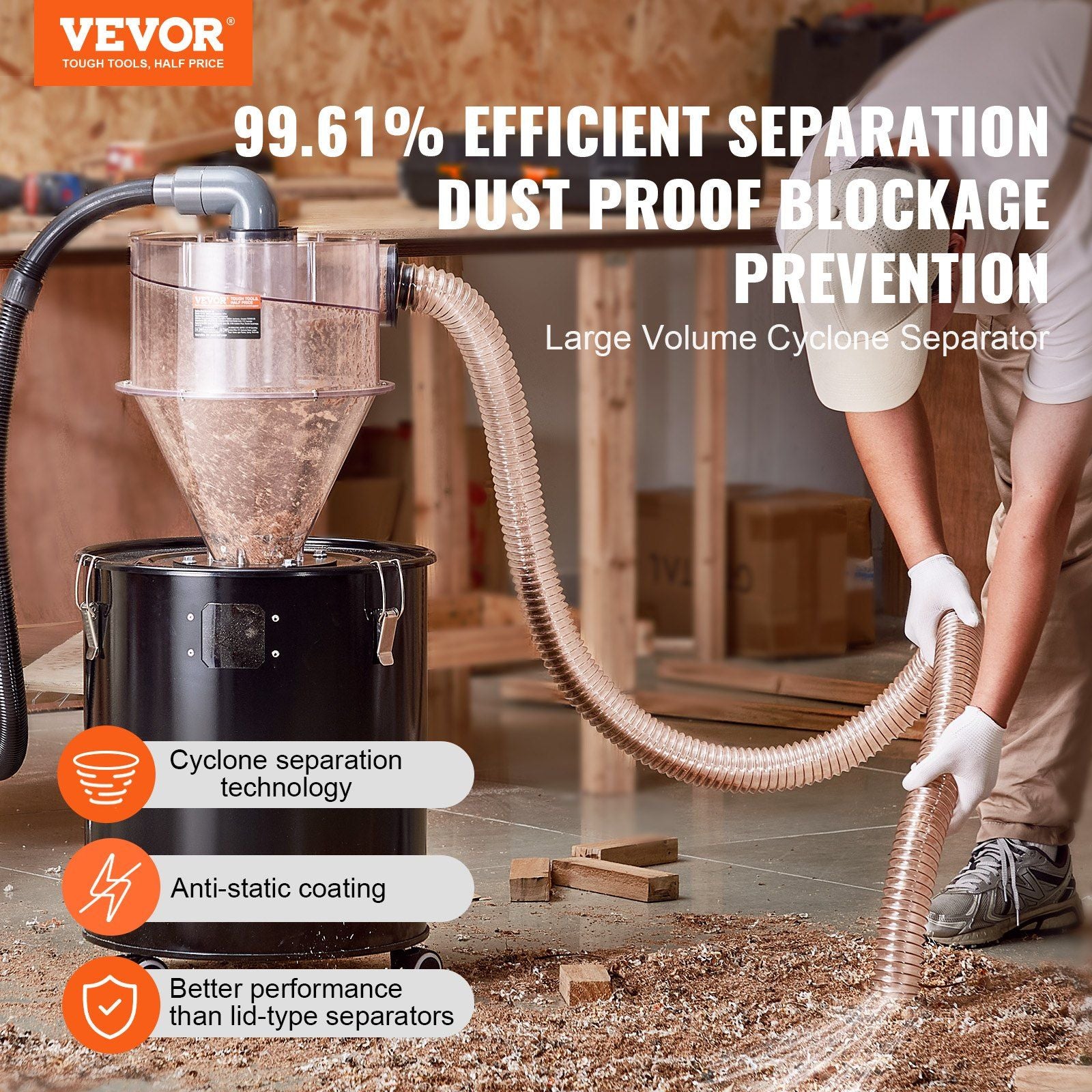 Cyclone Dust Separator, 4" Retrofit Cyclone Separator for Dust Collectors, ABS Dust Deputy With 2" Hole O.D. Connector & Hose for Wet/Dry Shop Vacuums, Fits 18.9-37.85L Tank (Tank Exclude)