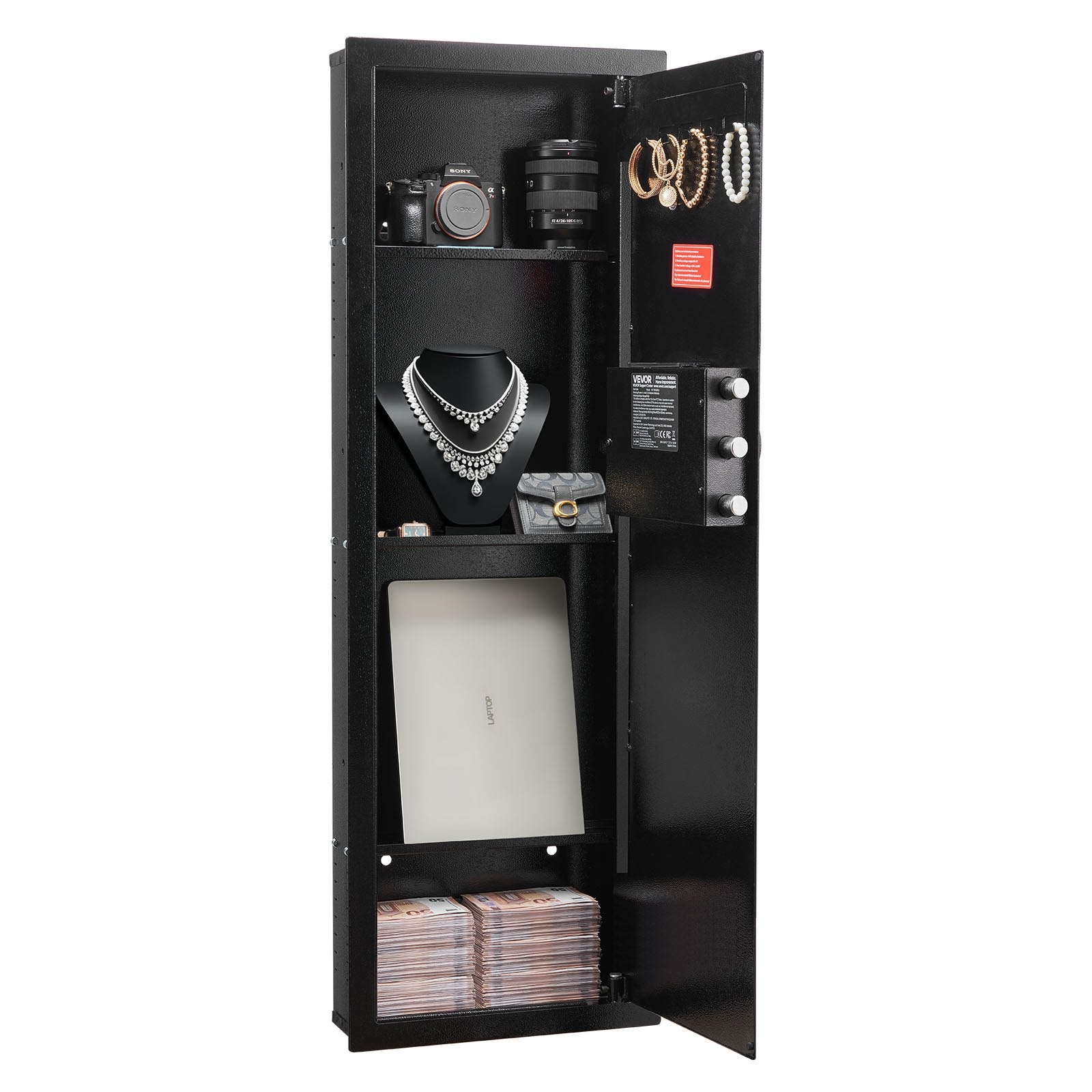 VEVOR Wall Safe, 4-Tier Hidden Wall Mounted Gun Safe with Password & Key, Q235 Cold-Rolled Steel In-Wall Box with LED Lighting, 3 Adjustable Shelves & Key Holders for Money, Jewelry, Passport, Black
