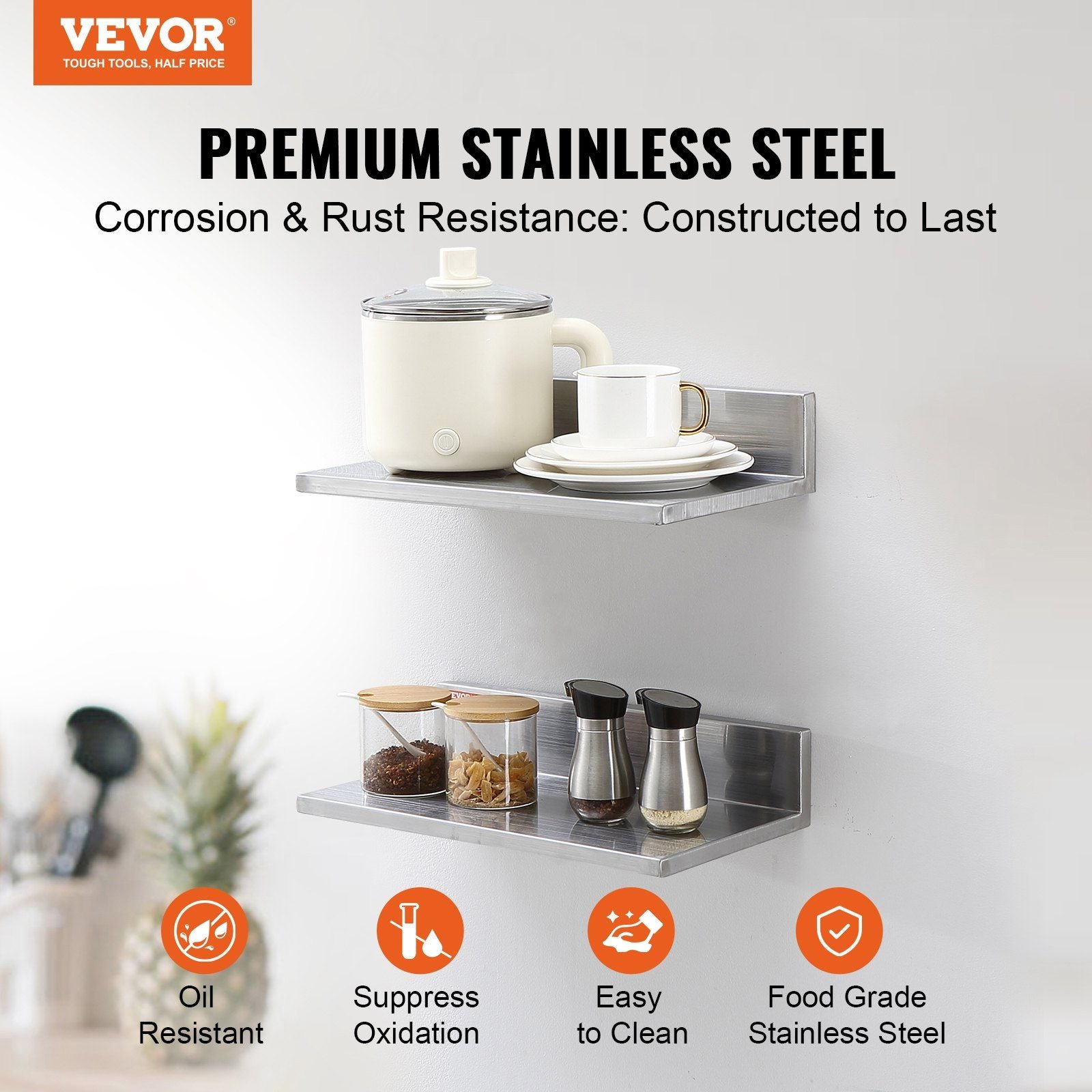 21.8 x 40.6 cm Stainless Steel Shelf, Wall Mounted Floating Shelving with Backsplash, 20 kg Load Capacity Commercial Shelves, Heavy Duty Storage Rack for Restaurant, Kitchen, Bar, Home, and Hotel