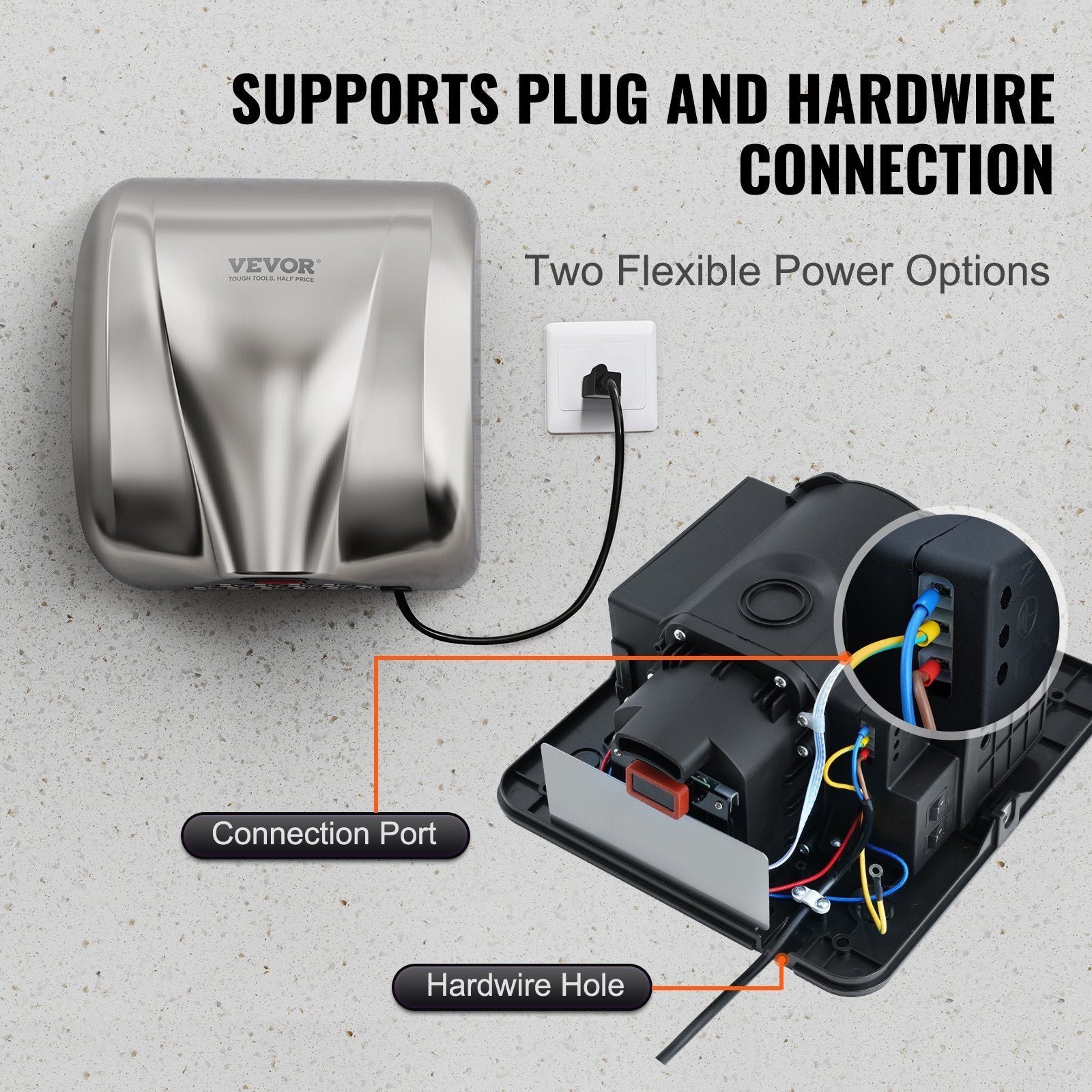 VEVOR Heavy Duty Commercial Hand Dryer, 1800W Automatic High Speed Stainless Steel Warm Wind Hand Blower, 220V-240V Plug In/Hardwired Two Power Options, Compliant for Industry Business Restrooms