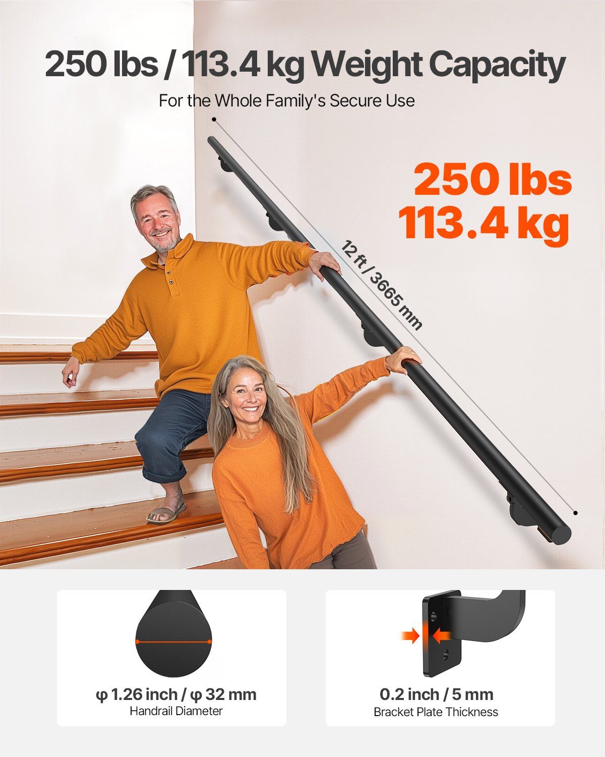 Wall Mounted Stair Handrail, 3665mm Pipe Staircase Handrail, Black Galvanized Aluminum, 32mm Pipe Diameter, Indoor&Outdoor Staircase Railing, Industrial Hand Rail for Steps, Security Baluster