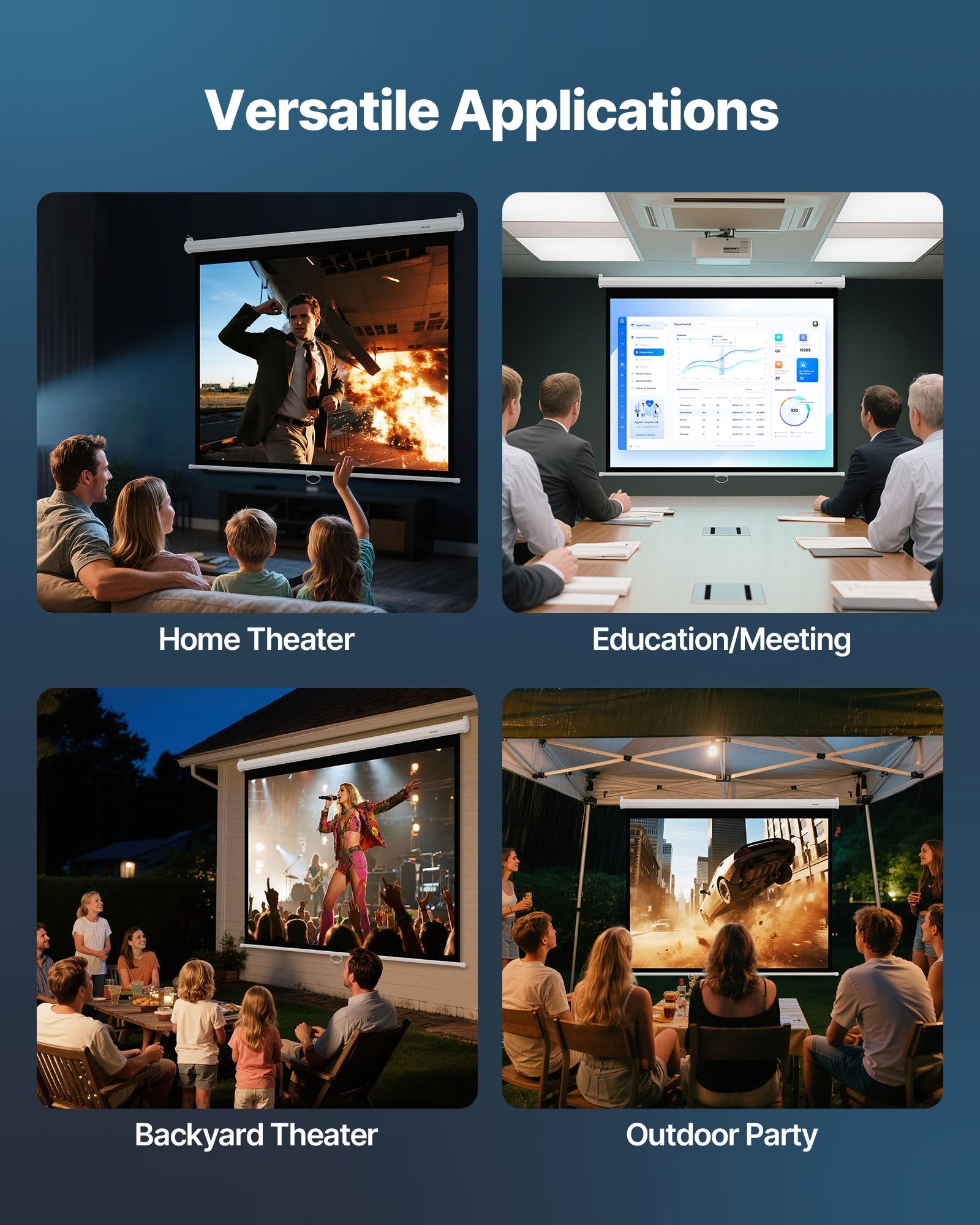 VEVOR Manual Projector Screen, 1829 mm 4:3 4K 1080 HD Retractable Pull Down Projector Screen, Wall Mounted Movie Projection with Pull Rope, Portable Display Projectoin for Family Home Office Theater