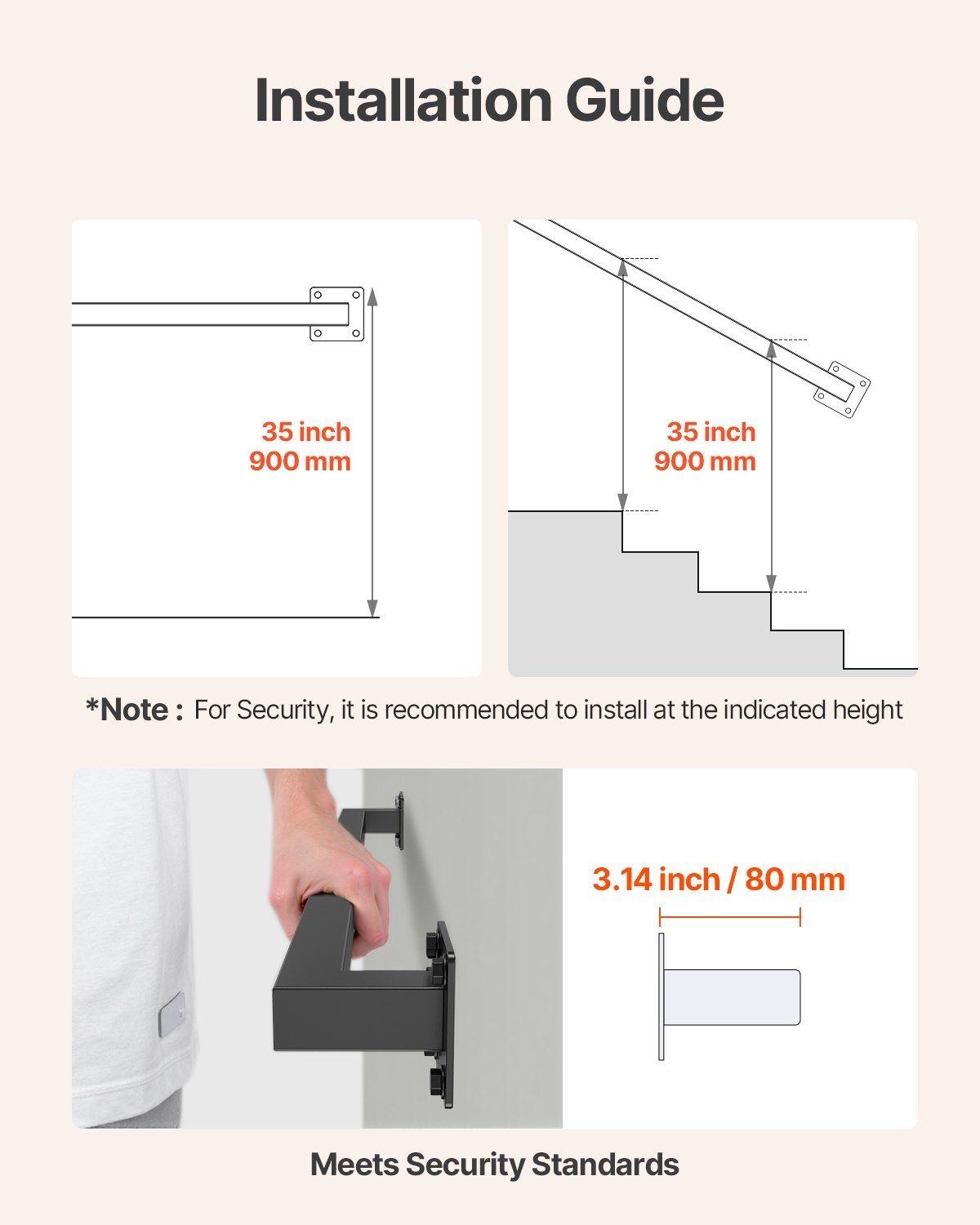 Wall Mounted Stair Handrail, 910mm Black Iron Staircase Handrail Indoor, 113kg Load Capacity, Industrial Railing Hand Rail for Steps, Square Tube for Loft Porch Deck, 2 Sections