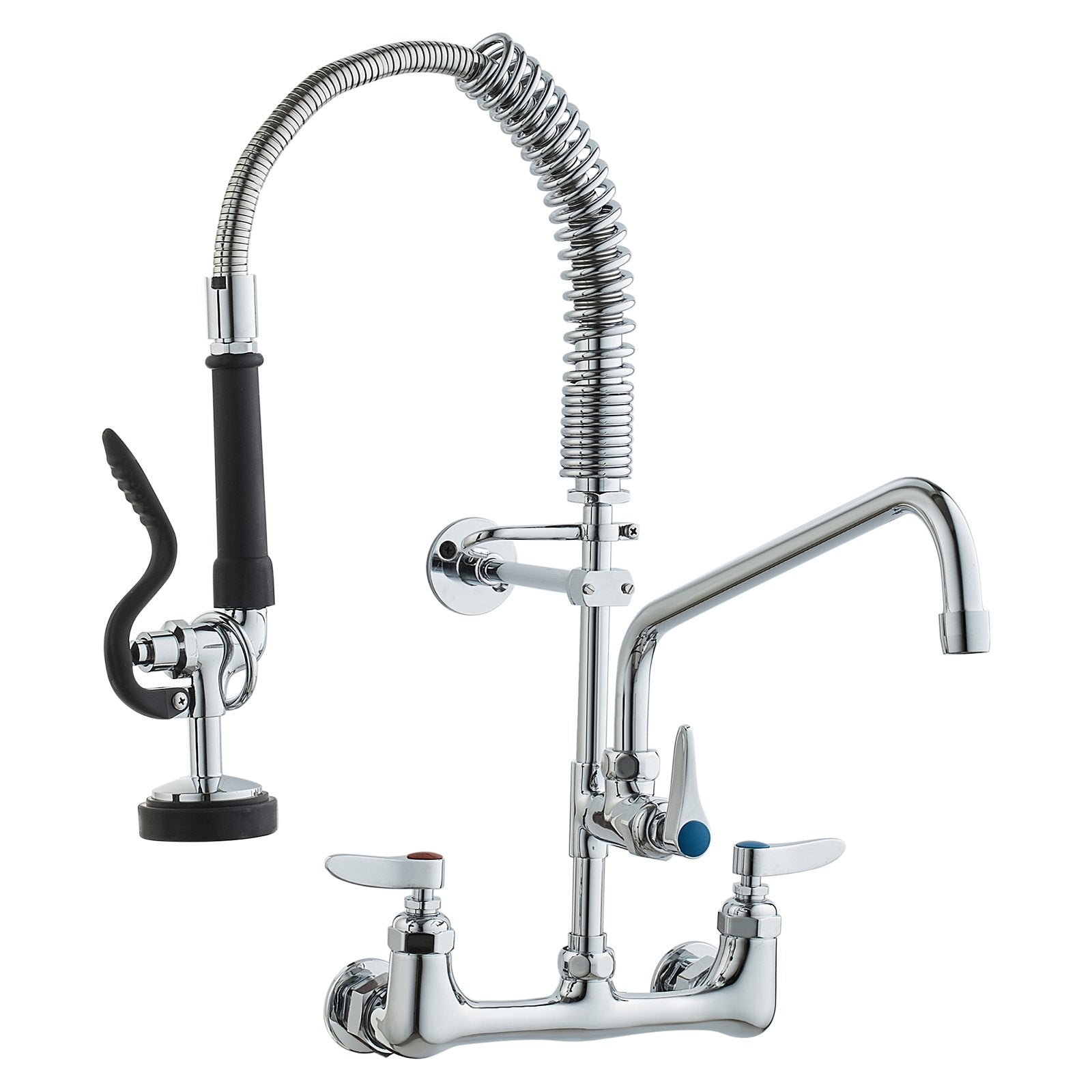 VEVOR Commercial Faucet with Pre-Rinse Sprayer, 21" Height, 8" Center, 12" Swing Spout, Wall Mount Kitchen Sink Faucet, Brass Constructed Device with Pull Down Spray, for 1/2/3 Compartment Sink