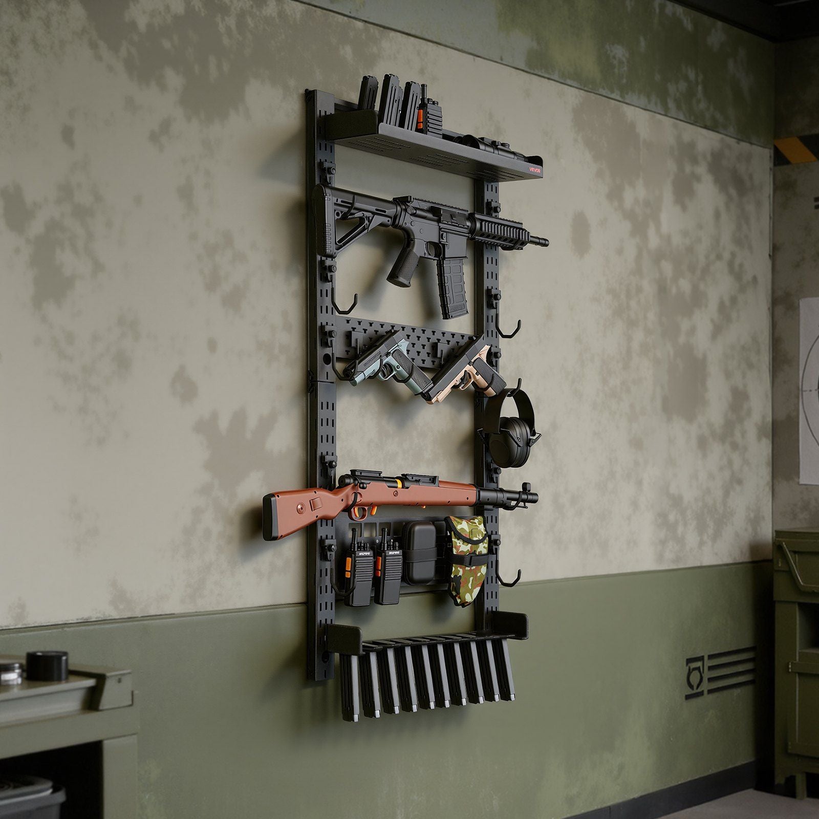 Gun Rack Wall Mount, Heavy Duty Steel, Indoor Rifle Shotgun Rack with Magazine Holder, MOLLE Panel, Gun Accessories Display Storage Holder, Hold Up to 5 Rifles or Shotguns, for Tactical Gear