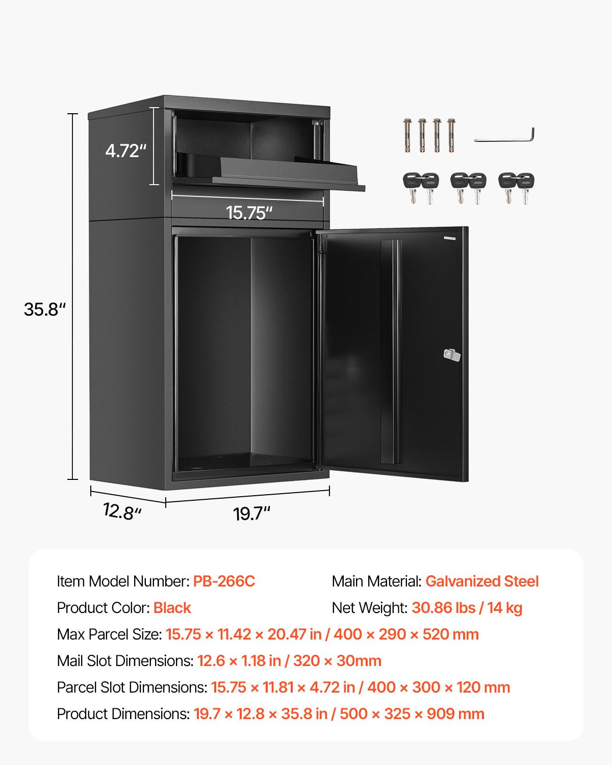 VEVOR Package Delivery Boxes for Outside, 90.9 cm Mailbox for Parcel with Lock, Galvanized Steel Package Drop Box with Anti-Theft Design, Weather-Resistant Package Mailbox for Home and Office, Black