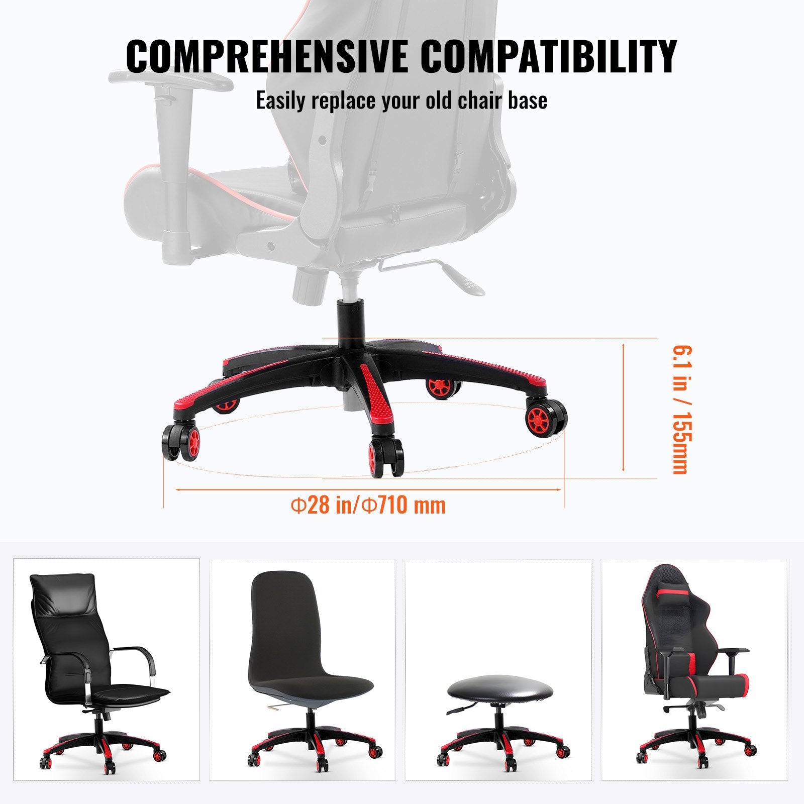VEVOR Office Chair Base Replacement, 710 mm, 1134 kg Static Load, Heavy Duty Universal Computer Desk Chair Stool Base Part with 5 Casters and Reinforced Legs, Desk Chair Base Replacement, Black + Red