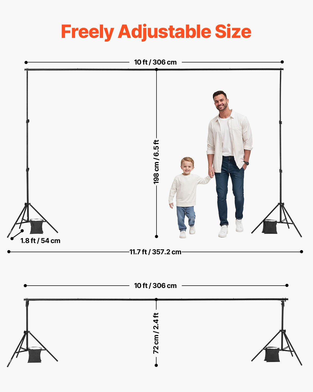 VEVOR Backdrop Stand, 198 x 300 cm Adjustable Photo Backdrop Stand Kit, Portable Background Backdrop Stand with 5 Crossbars, Heavy Duty Projector Screen Stand, for Wedding, Photo Video Studio & Party