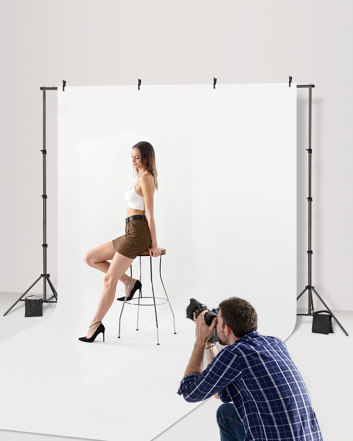 Backdrop Stand, 213 x 300 cm Adjustable Photo Backdrop Stand Kit, Portable Background Backdrop Stand with 3 Crossbars, Heavy Duty Projector Screen Stand, for Wedding, Photo Video Studio & Party