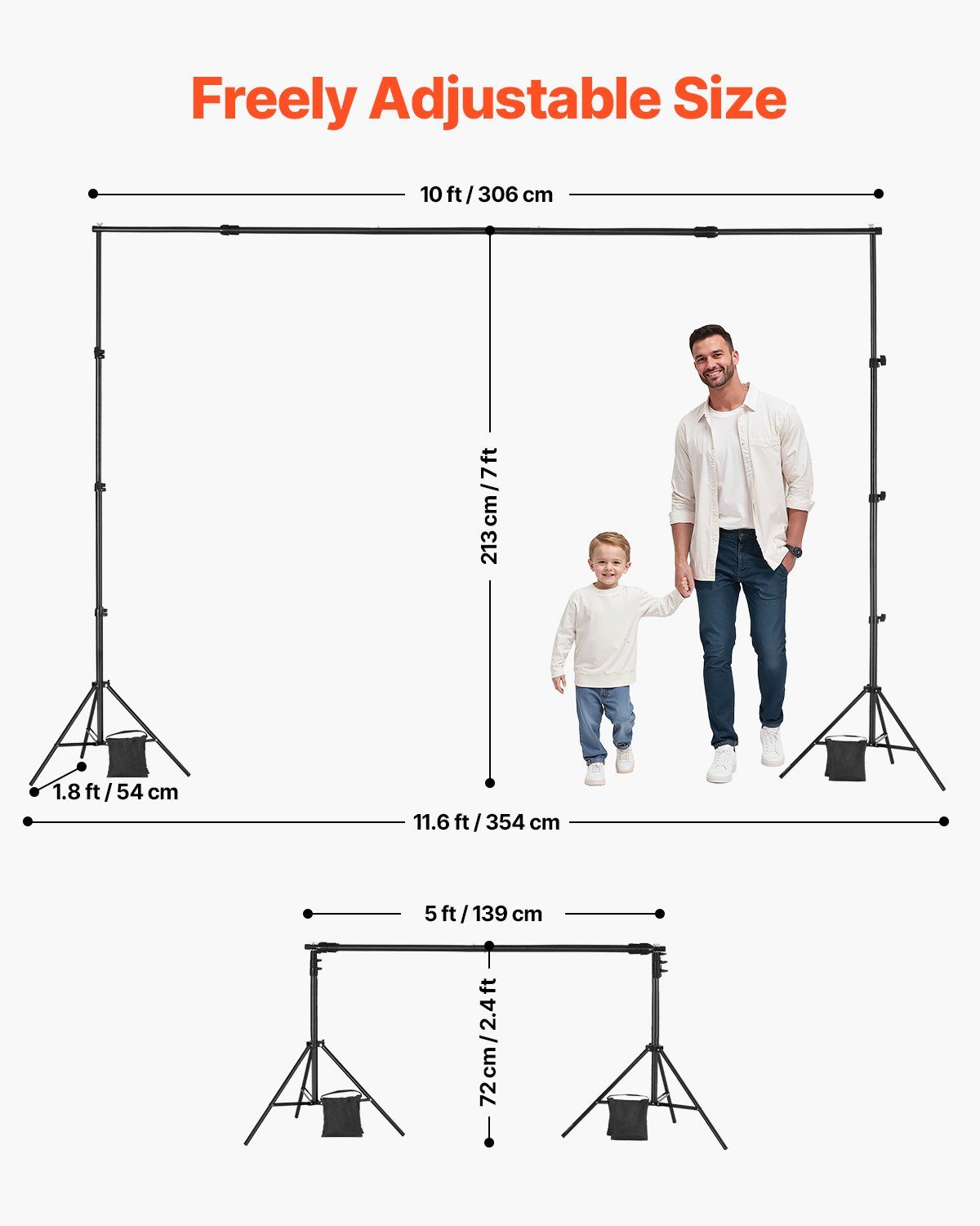 Backdrop Stand, 213 x 300 cm Adjustable Photo Backdrop Stand Kit, Portable Background Backdrop Stand with 3 Crossbars, Heavy Duty Projector Screen Stand, for Wedding, Photo Video Studio & Party