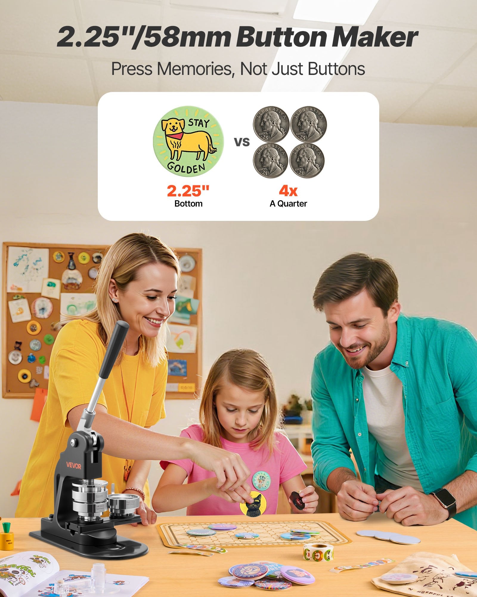 VEVOR Button Maker Machine, 58 mm, Pin Maker Machine with 500pcs Button Parts, Circle Cutter, Hex Wrenches and Magic Book, Ergonomic Handle, for DIY Badges, Personalized Pins and Key Chains, Black