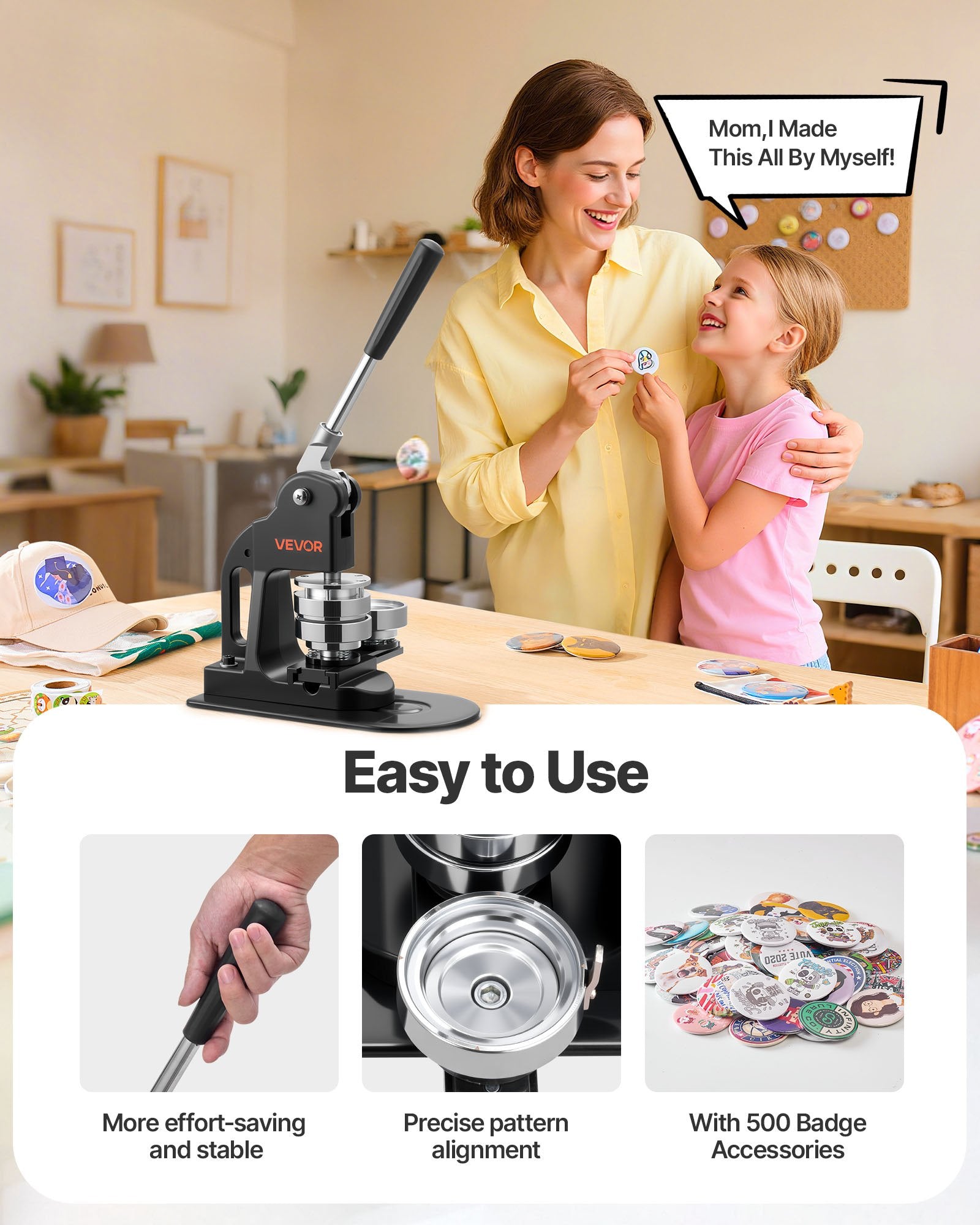 VEVOR Button Maker Machine, 58 mm, Pin Maker Machine with 500pcs Button Parts, Circle Cutter, Hex Wrenches and Magic Book, Ergonomic Handle, for DIY Badges, Personalized Pins and Key Chains, Black