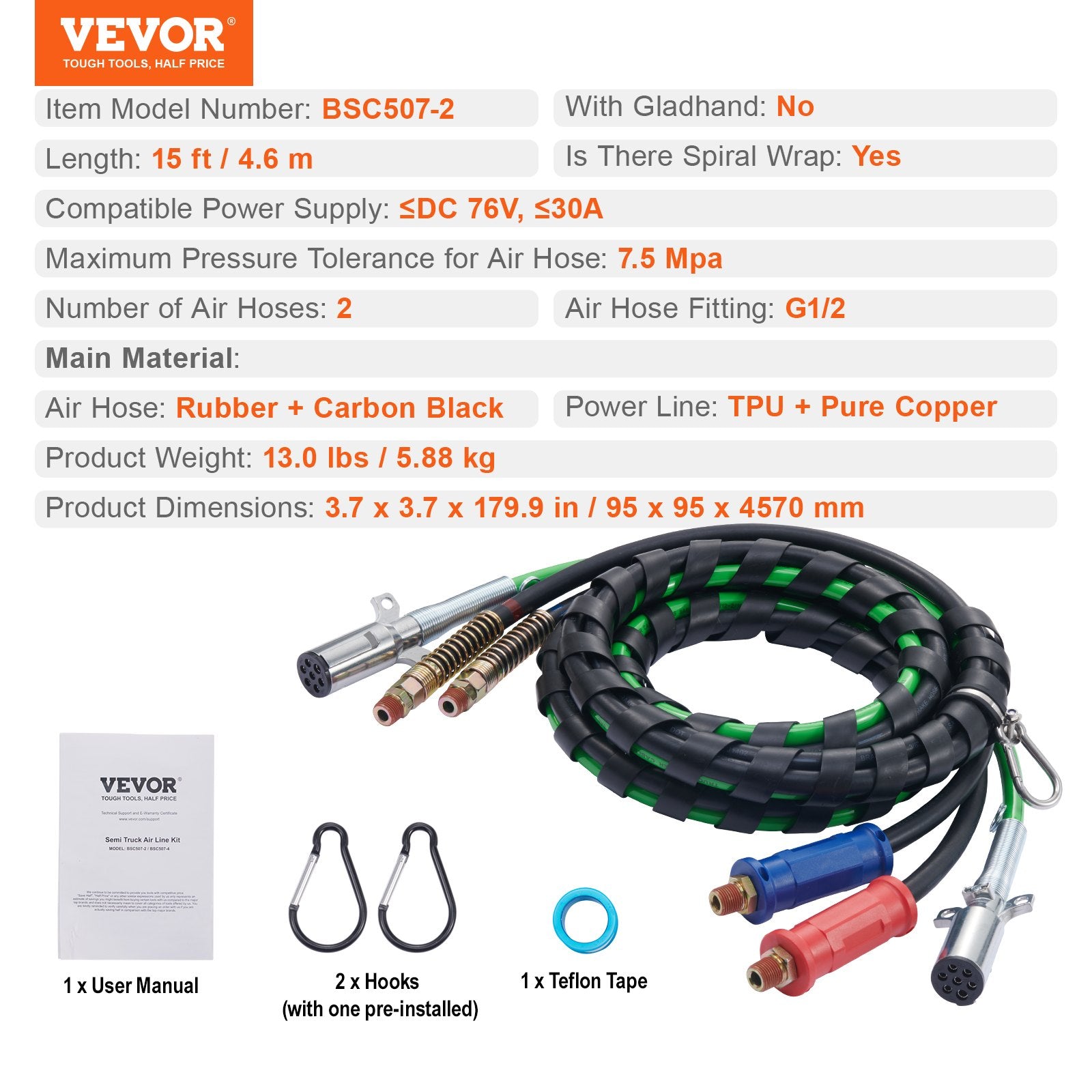 VEVOR 15FT Semi Truck Air Lines Kit, 3-in-1 Air Hoses & ABS Power Line for Semi Truck Trailer Tractor, 7-Way Plug Electrical Cord Cable and Rubber Air Lines Hose Assembly Kit with Hook & Teflon Tape