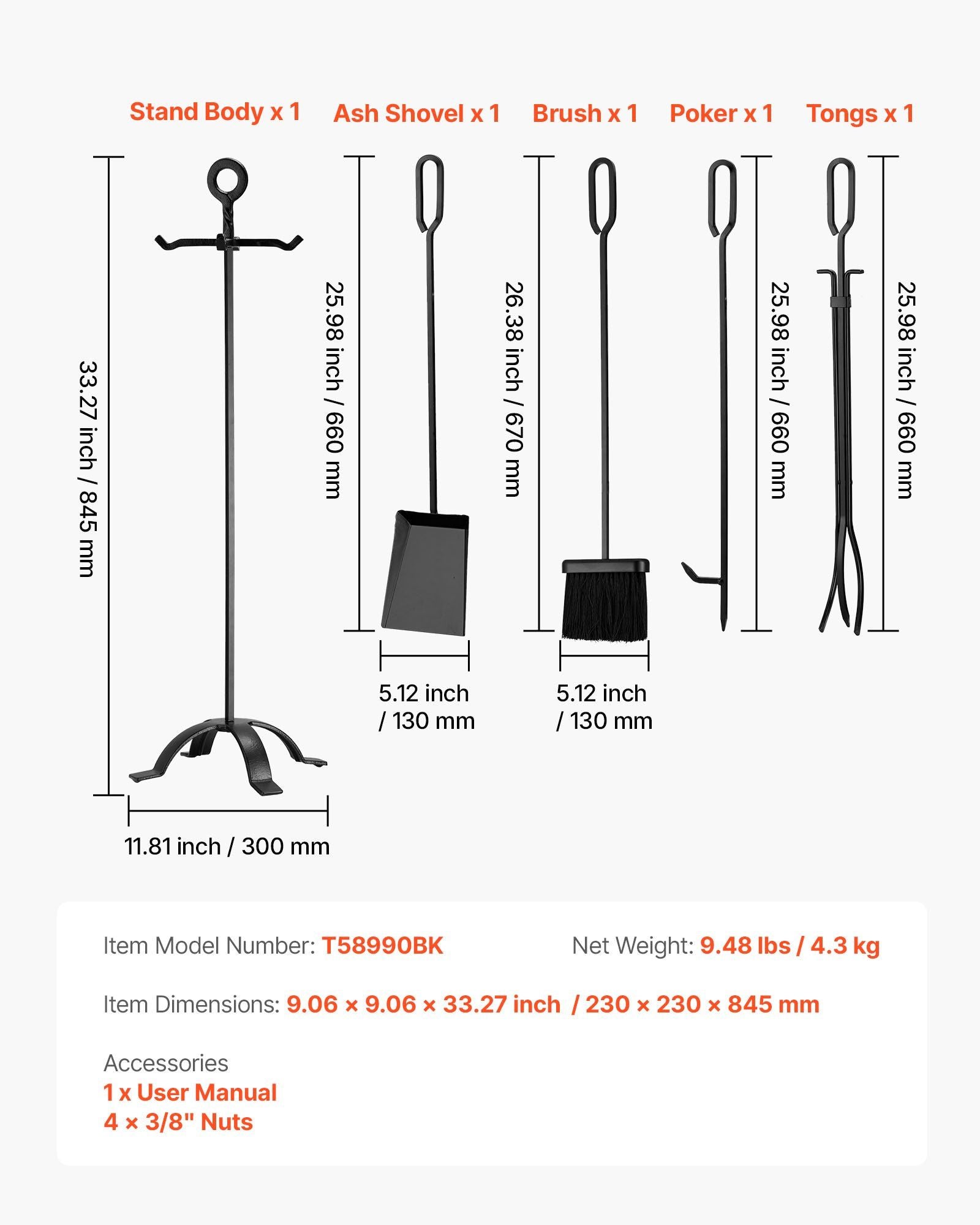 Fireplace Tool Set, 5 PCS Fire Tool Set and Holder with Four-Prong Stand, Tongs, Ash Shovel, Brush, Fire Place Poker, Wrought Iron Fireplace Accessories for Campfire Indoor/Outdoor, Black