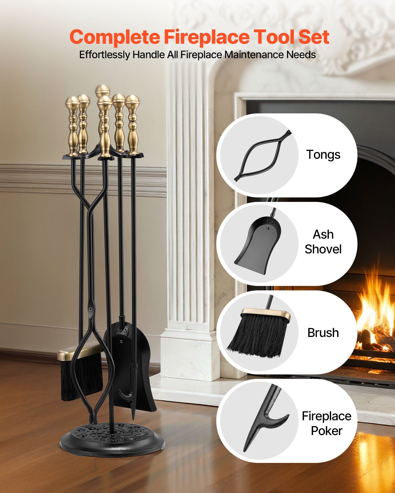 Fireplace Tool Set, 5 PCS Fire Tool Set and Holder with Five-Prong Stand, Tongs, Ash Shovel, Brush, Fire Place Poker, Wrought Iron Fireplace Accessories for Indoor/Outdoor, Black & Brass