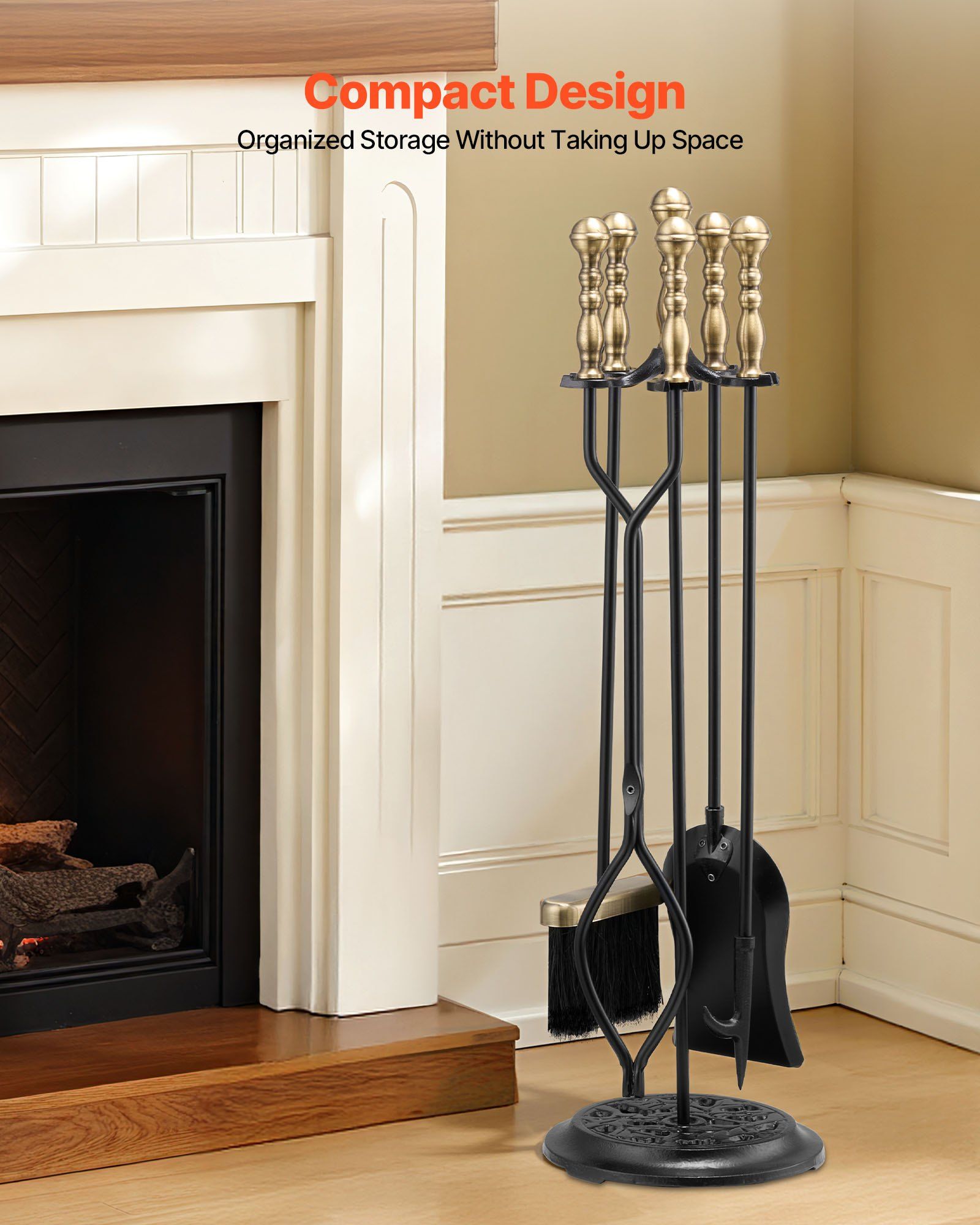 Fireplace Tool Set, 5 PCS Fire Tool Set and Holder with Five-Prong Stand, Tongs, Ash Shovel, Brush, Fire Place Poker, Wrought Iron Fireplace Accessories for Indoor/Outdoor, Black & Brass