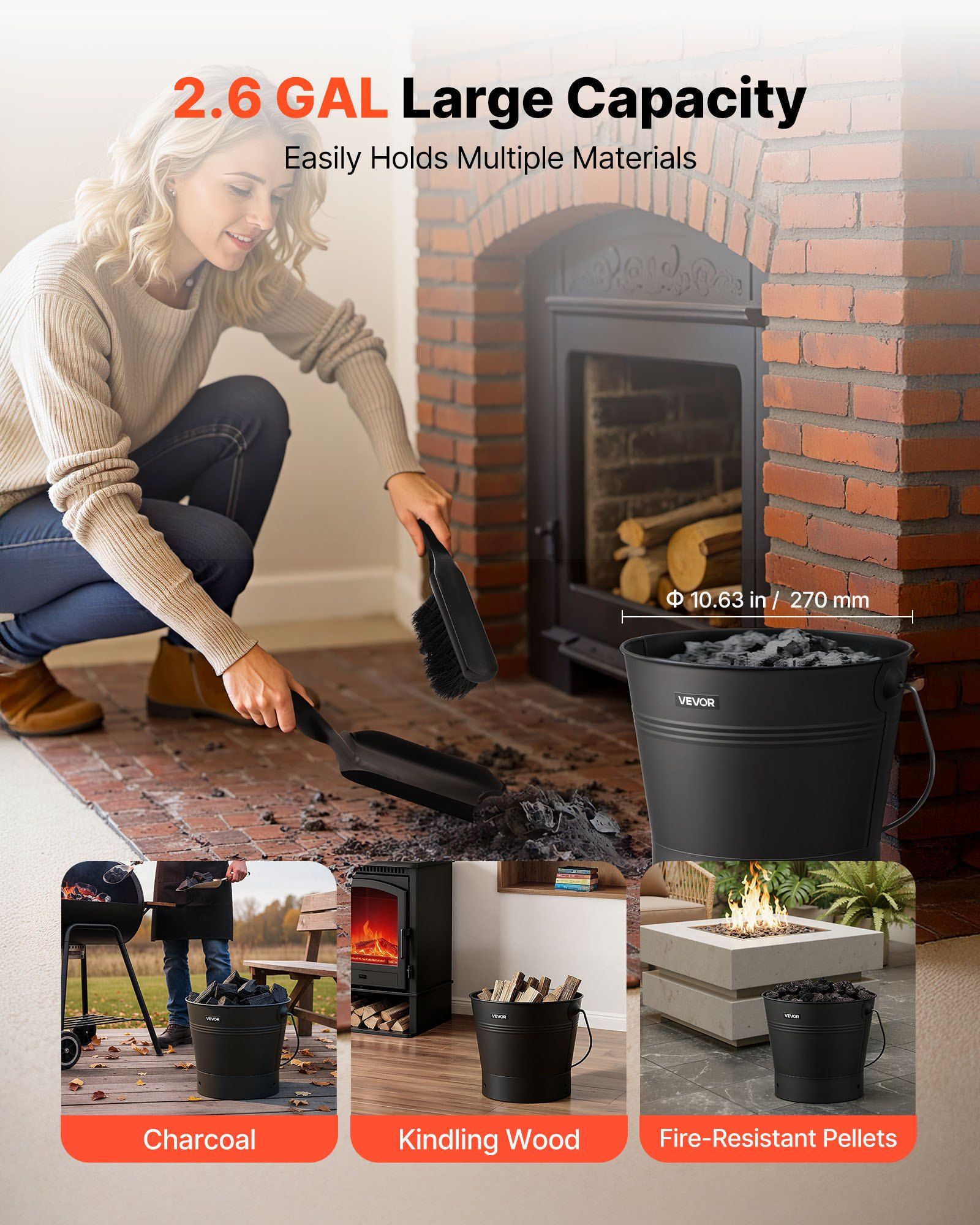 Ash Bucket, 4 PCS with Lid, Shovel, Broom and Gloves, Metal Fireplace Charcoal Bucket and Ash Can, 9.8L Large Capacity for Fireplace, Fire Pits, Wood Burning Stoves, Indoor and Outdoor